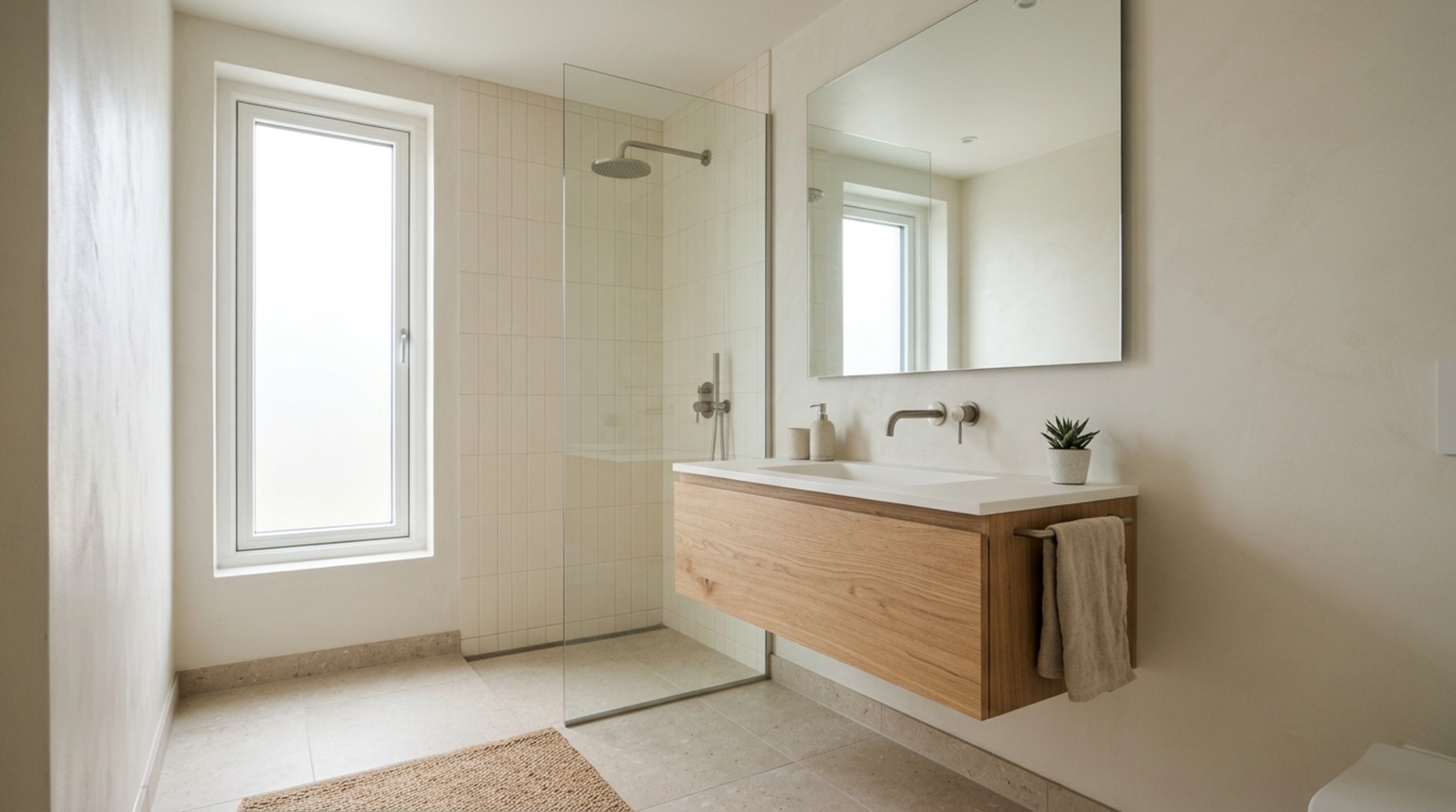 small space interior design my house highlighting a floating walnut vanity in a compact bathroom with floor-to-ceiling Zellige tiles small space interior design my house highlighting a floating walnut vanity in a compact bathroom with floor-to-ceiling Zellige tiles