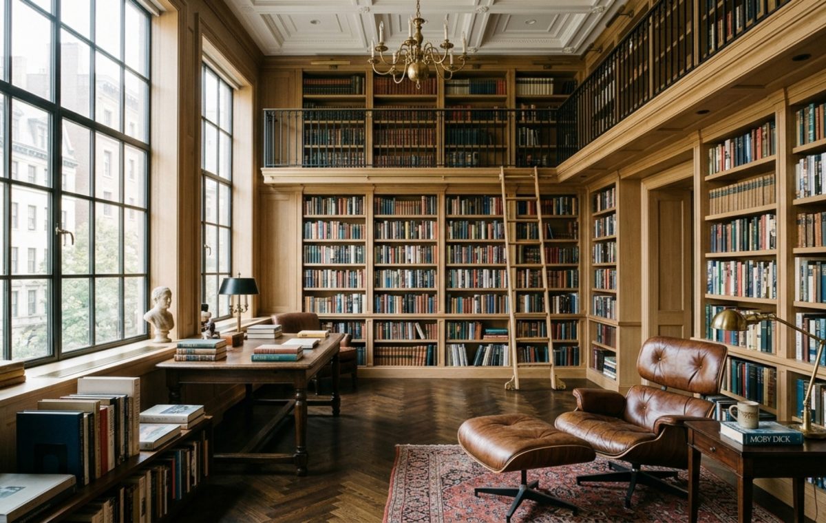 A sun-drenched library featuring floor-to-ceiling white oak bookshelves and a classic mid-century lounge chair, embodying joan didion apartment big price cut decor ideas.