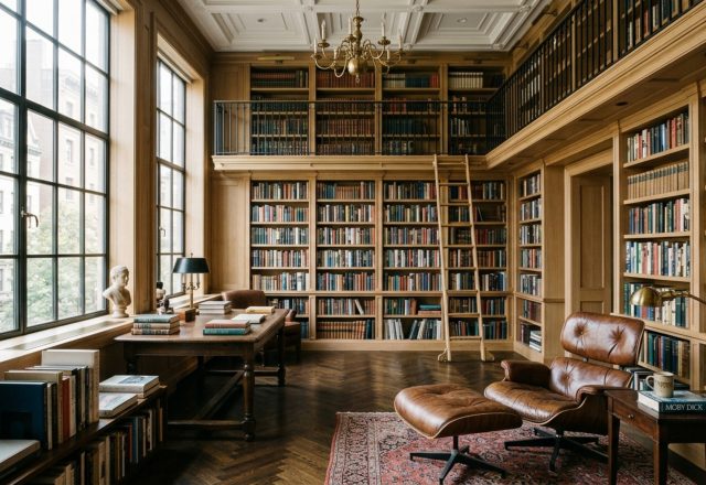 A sun-drenched library featuring floor-to-ceiling white oak bookshelves and a classic mid-century lounge chair, embodying joan didion apartment big price cut decor ideas.