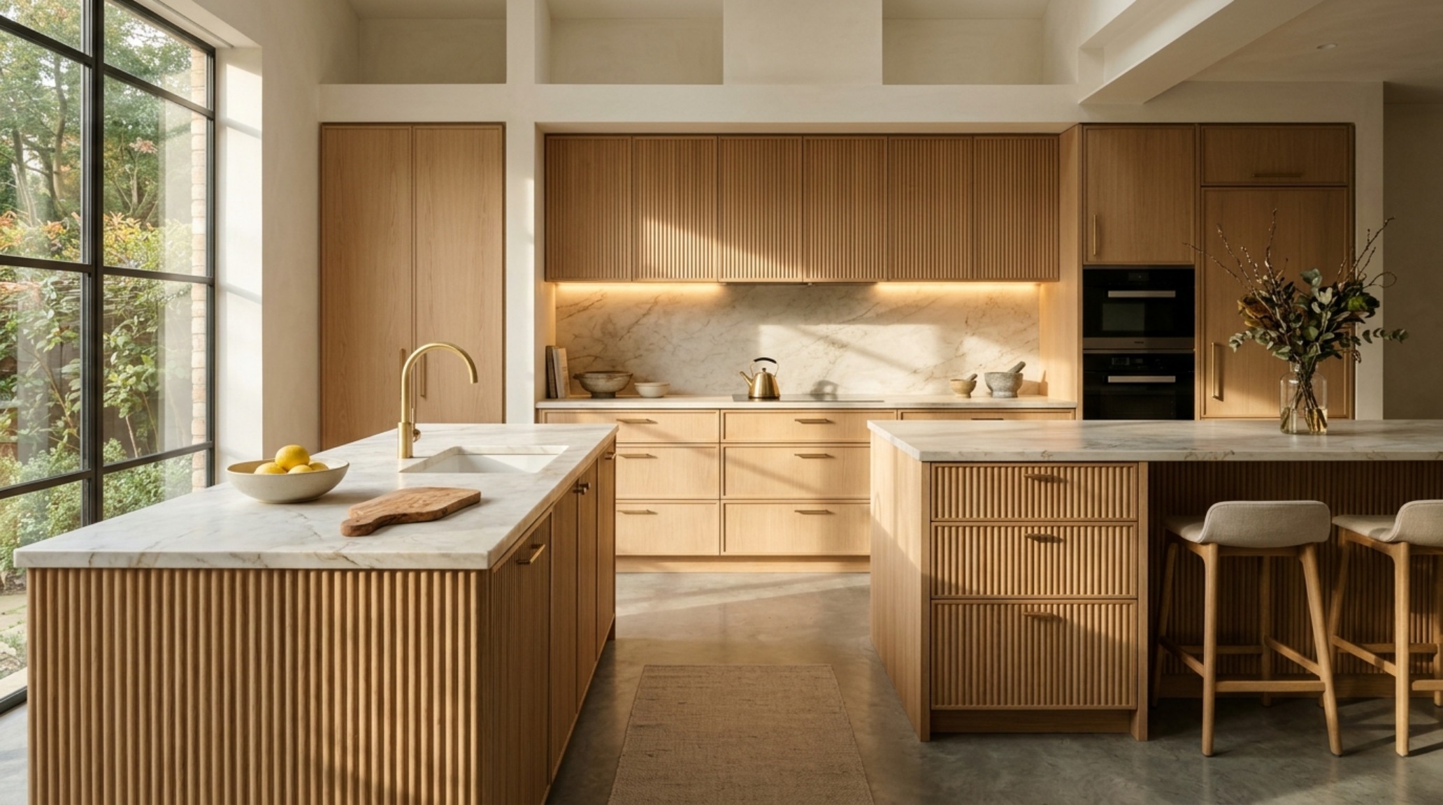Modern kitchen with fluted oak cabinetry and integrated lighting at 3000K, reflecting joan didion apartment big price cut decor ideas architecture.
