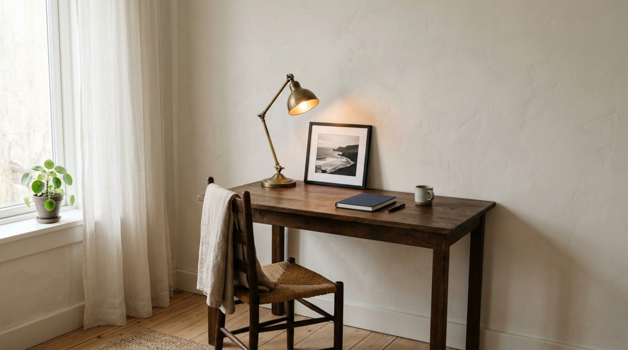 A minimalist study nook with a simple desk, unlacquered brass lamp, and soft limewash walls in Benjamin Moore Swiss Coffee.