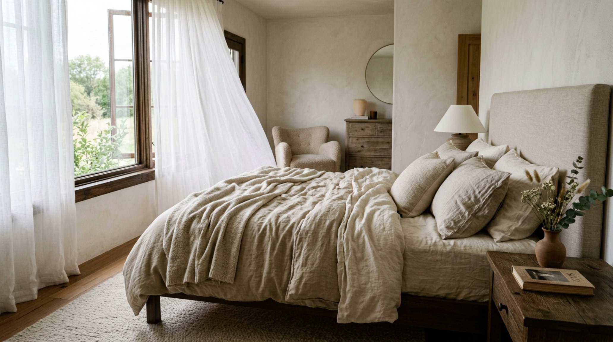 Elegant master bedroom with layered Belgian linen bedding and sheer curtains capturing soft afternoon shadows.