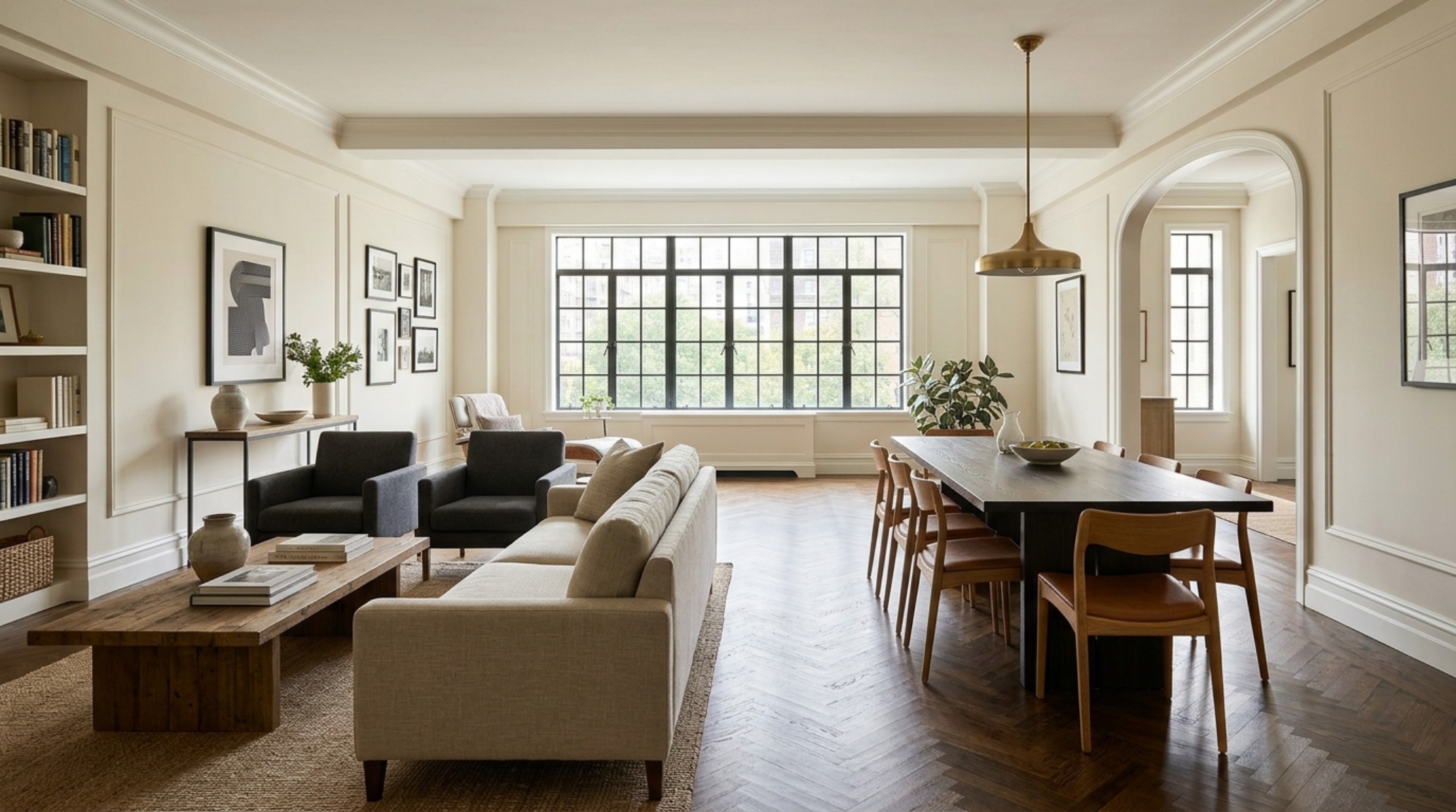 Wide-angle view of a living room showing 36-inch circulation paths and sightline alignment between the dining and lounge areas.