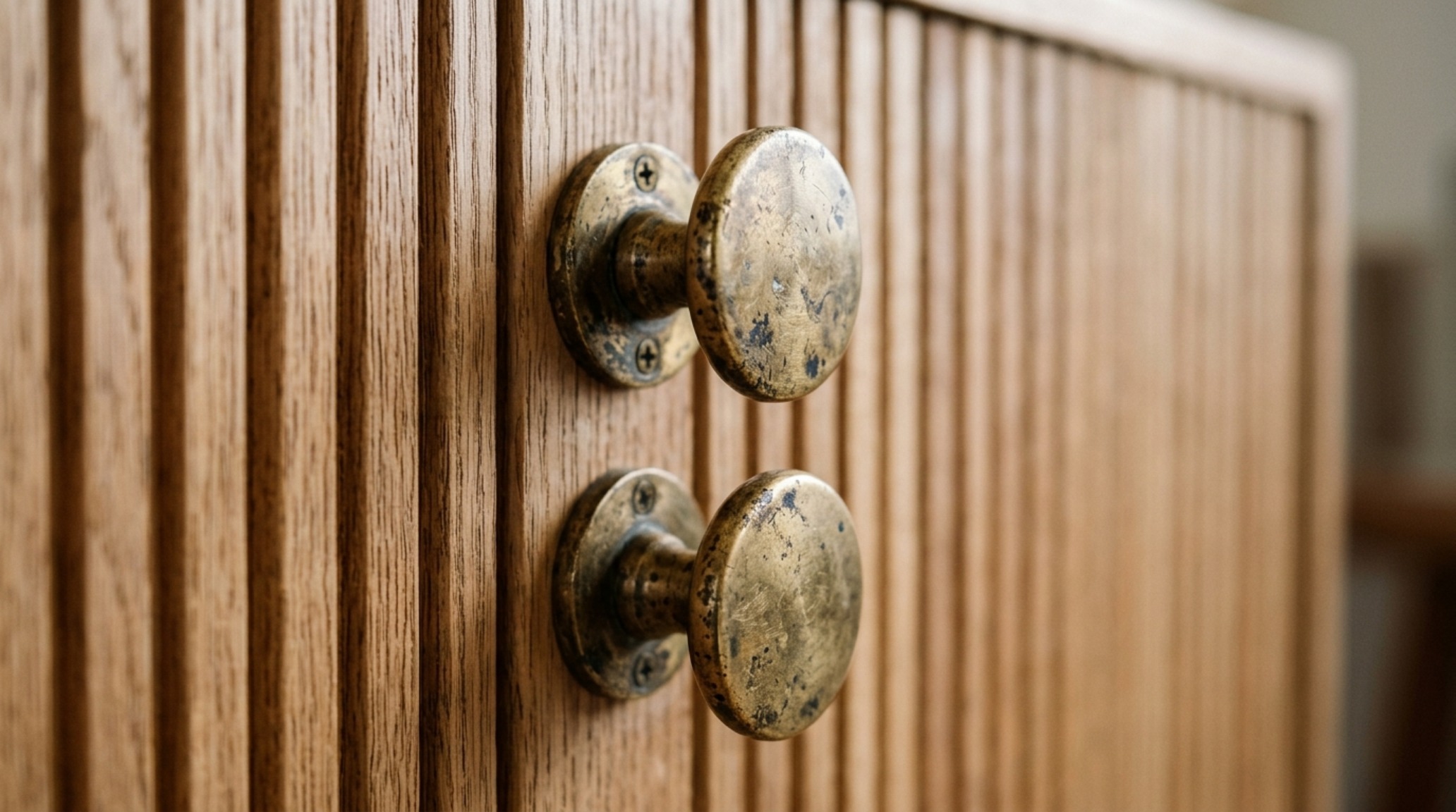 Detailed shot of brushed brass hardware and a living finish patina on a bespoke cabinet door.
