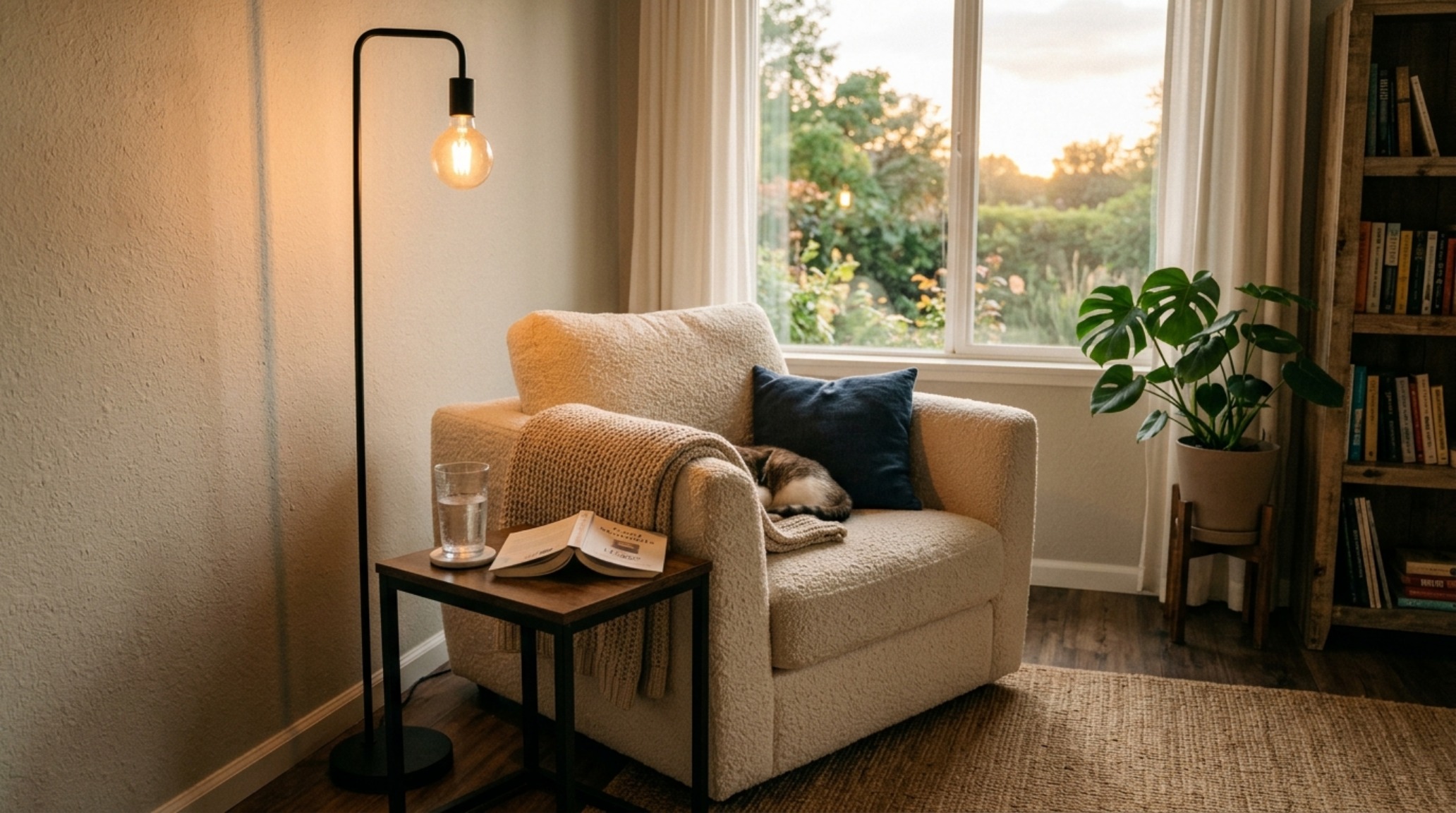 A cozy reading corner with a 2700K floor lamp casting a warm glow over a textured bouclé armchair.