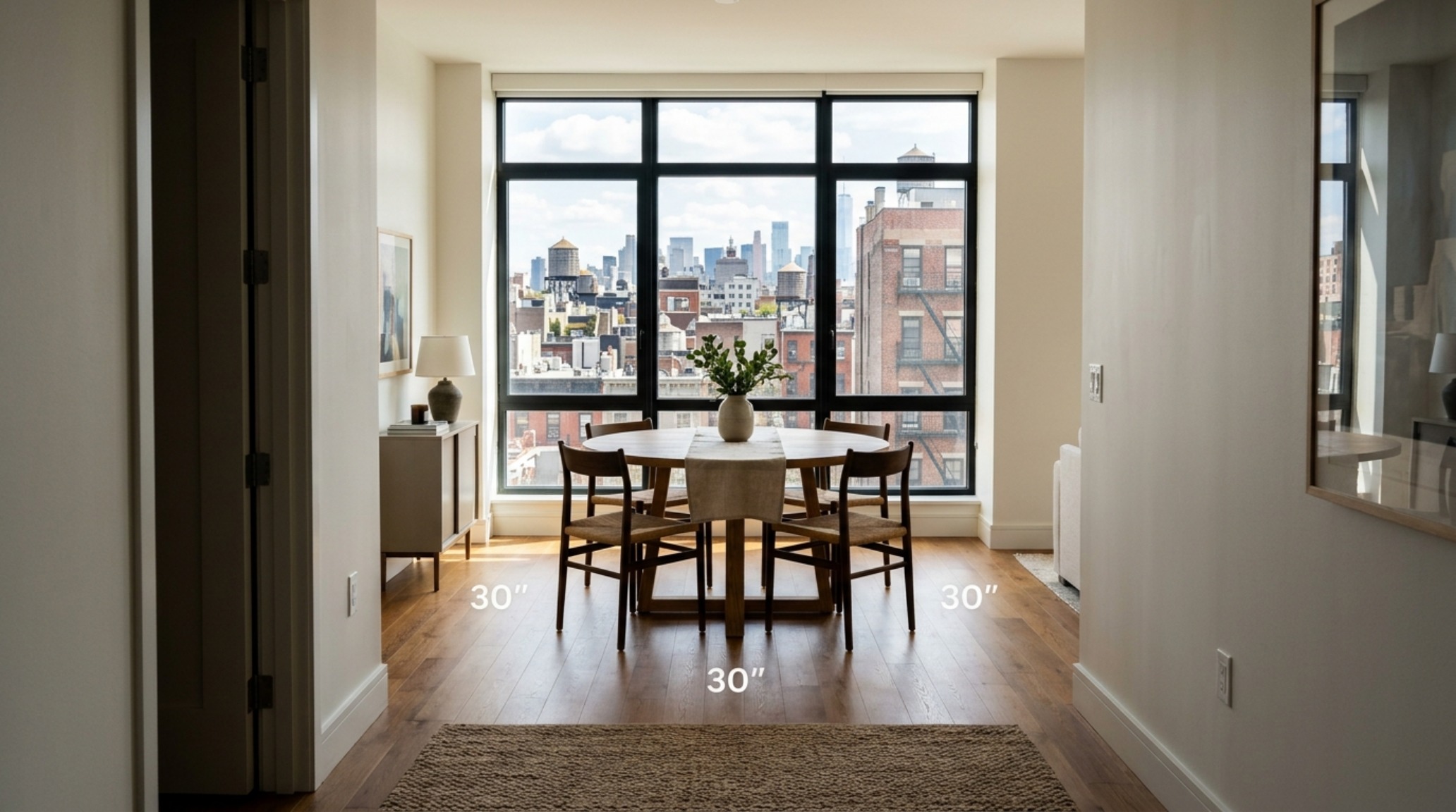 Spatial flow between a minimalist entryway and a light-filled living room, highlighting the 30-inch dining chair clearance.