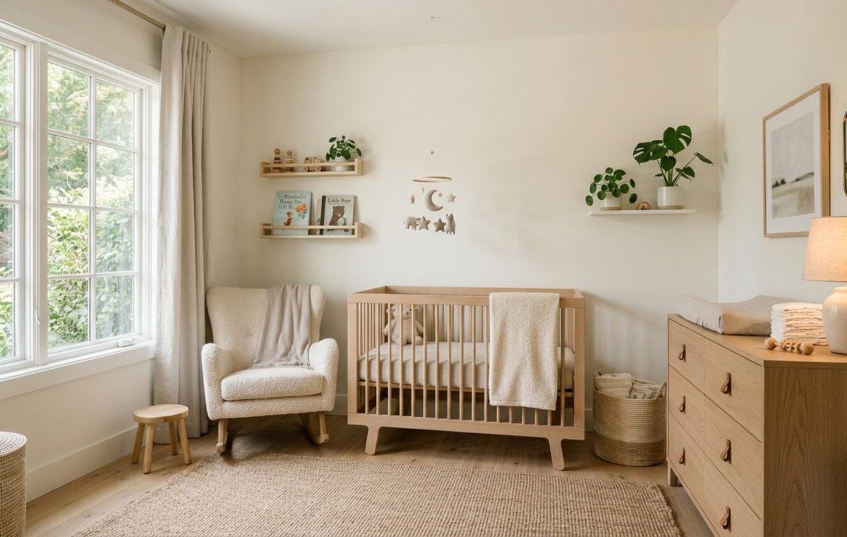 Editorial view of a serene nursery featuring Benjamin Moore Swiss Coffee walls and custom white oak built-ins with 36-inch architectural clearances.