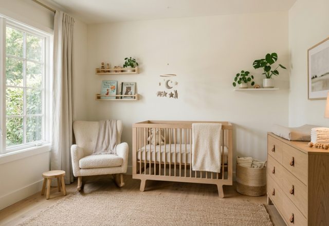 Editorial view of a serene nursery featuring Benjamin Moore Swiss Coffee walls and custom white oak built-ins with 36-inch architectural clearances.