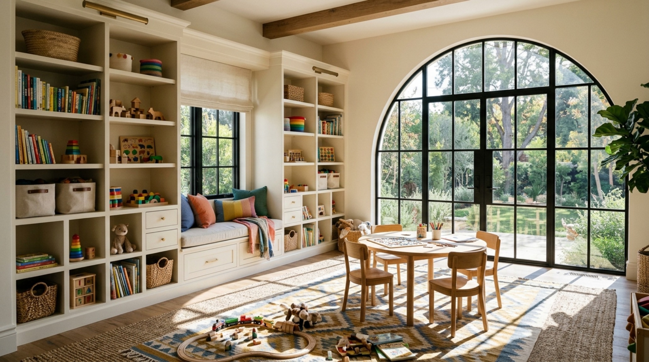 High-end playroom design featuring a soft terracotta palette, architectural arched doorways, and diffused natural sunlight from large windows.