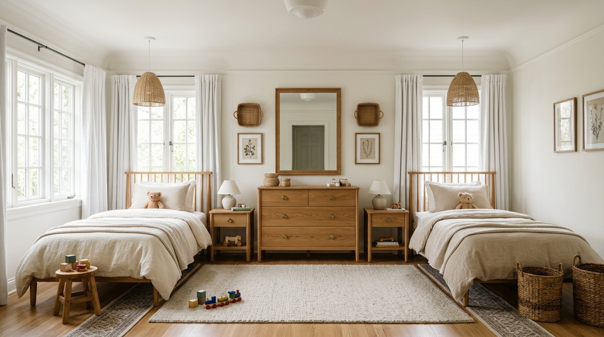 Panoramic view of a modern shared kids bedroom with symmetrical layouts, neutral paint colors, and high-quality tactile materials like wool and wood.
