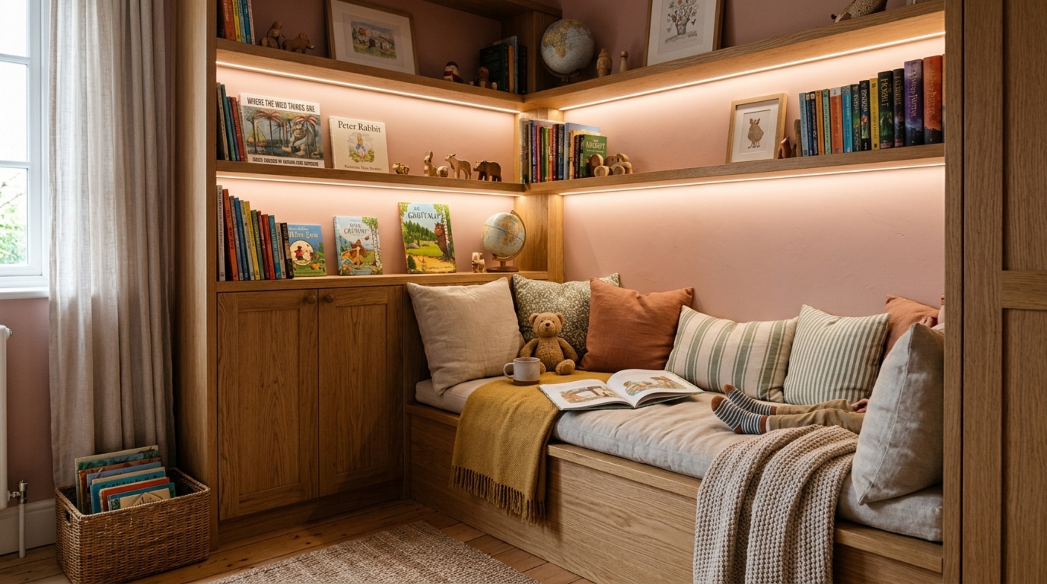 Modern kids room paint colors decor ideas lighting guide showcasing 2700K ambient warmth and high CRI LED cove lighting in a reading nook.