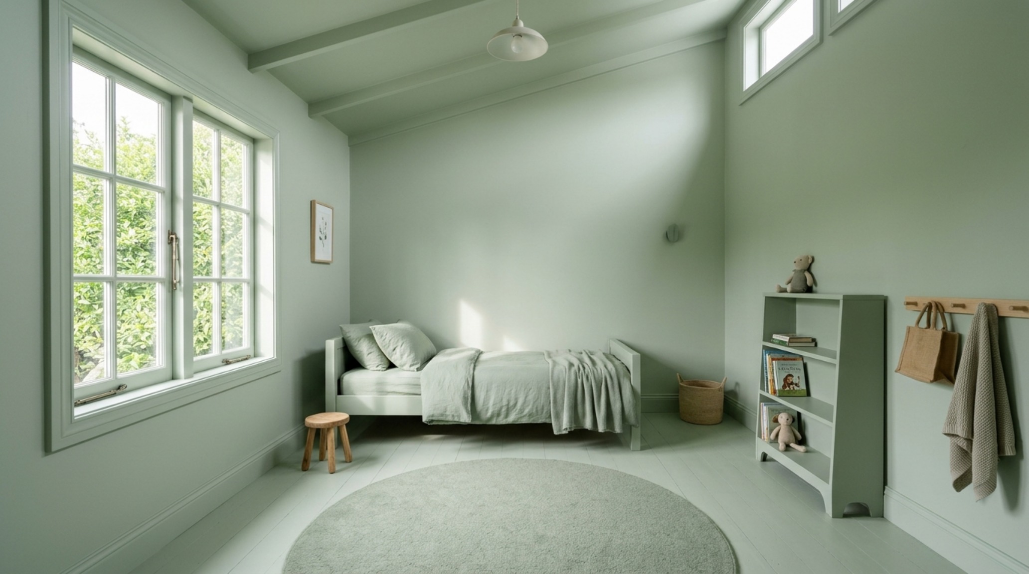 Minimalist kids room layout with monochromatic color drenching in sage green, highlighting spatial flow and negative space breathing room.