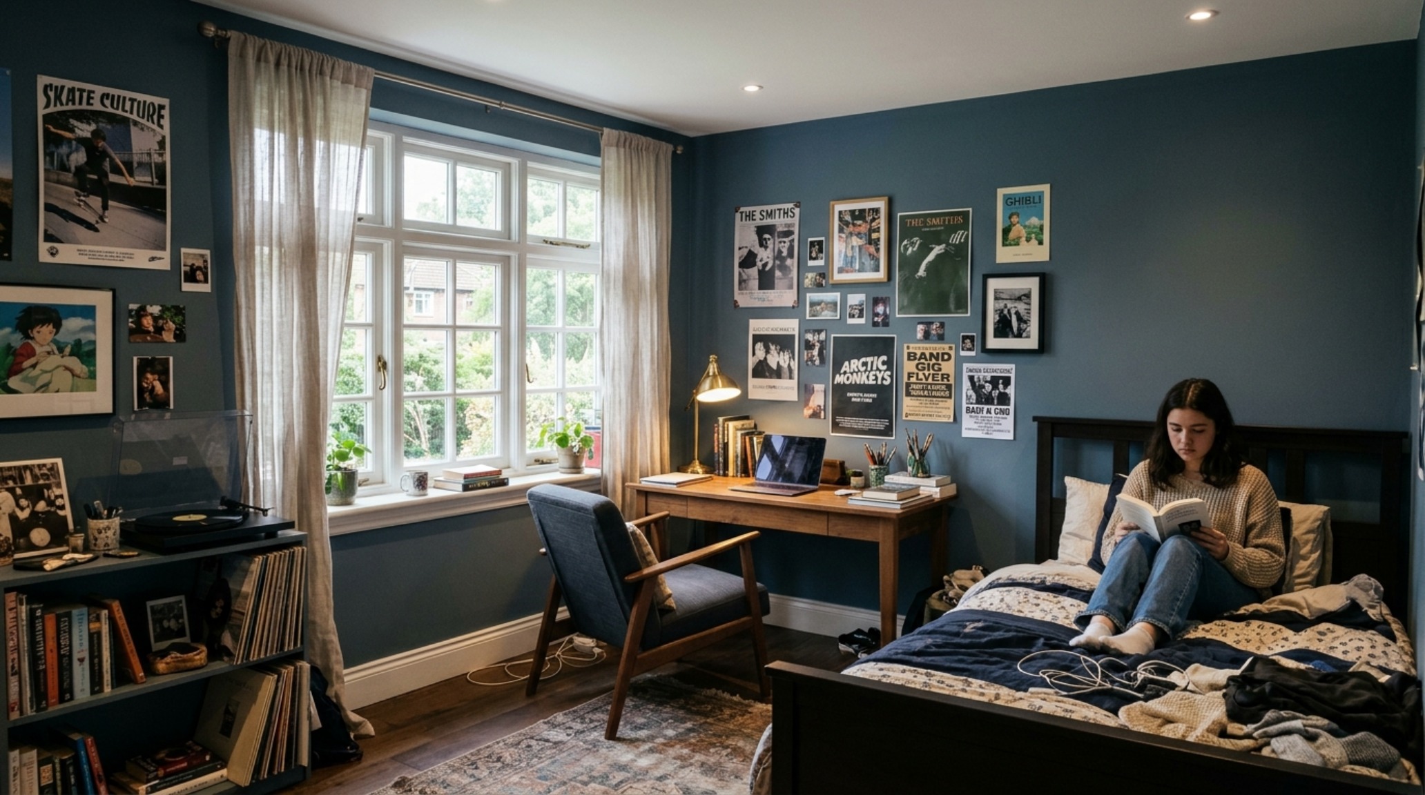 Sophisticated boys room with De Nimes blue walls, brushed brass accents, and custom architectural millwork for space-saving organization.