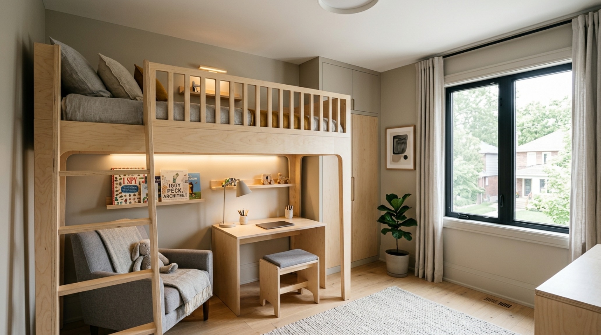 Small space kids room paint colors decor ideas architecture featuring a lofted birch bed and vertical storage solutions in a warm alabaster palette.