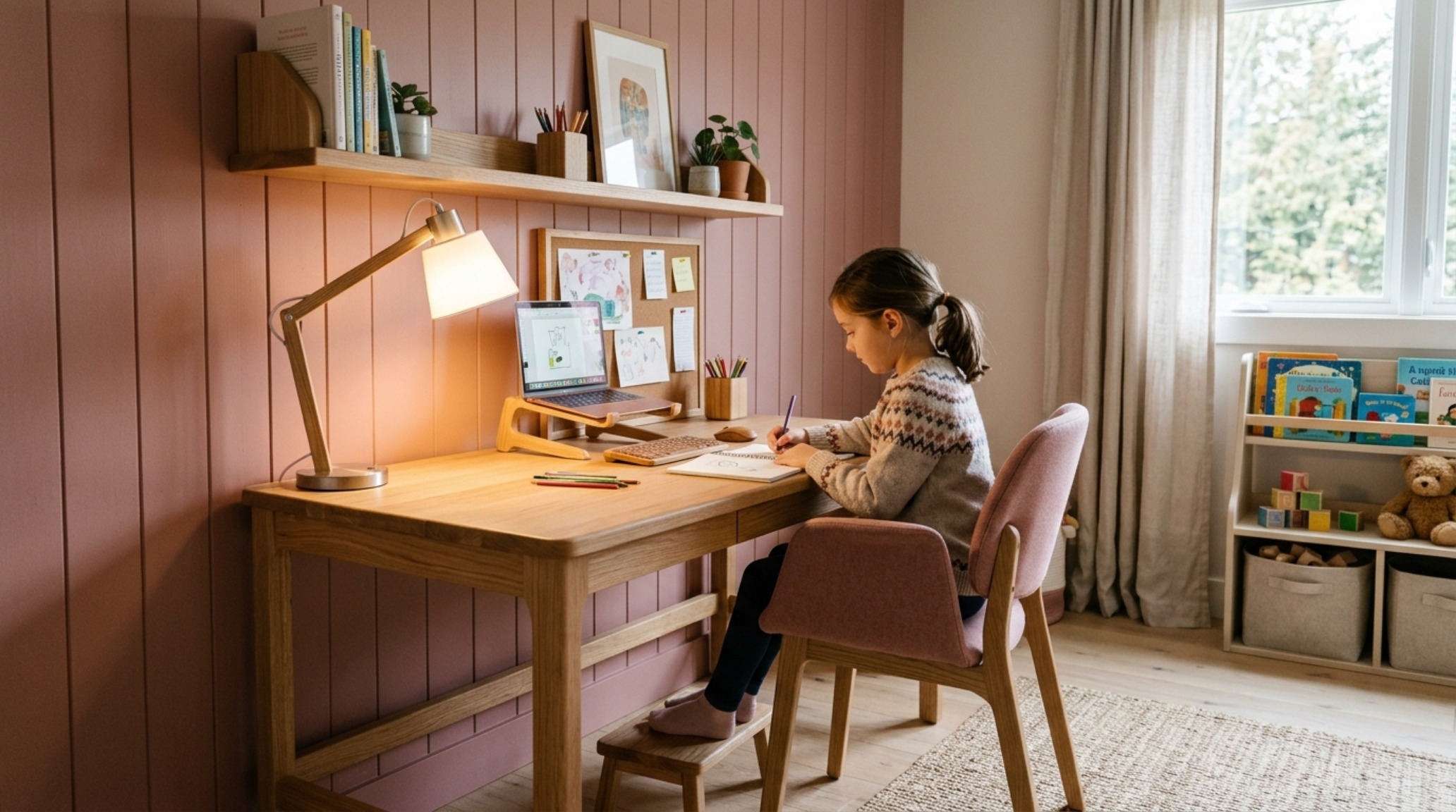 Kids room paint colors decor ideas ergonomics demonstration with a 30-inch height oak desk integrated into a dusty rose wall panel system.