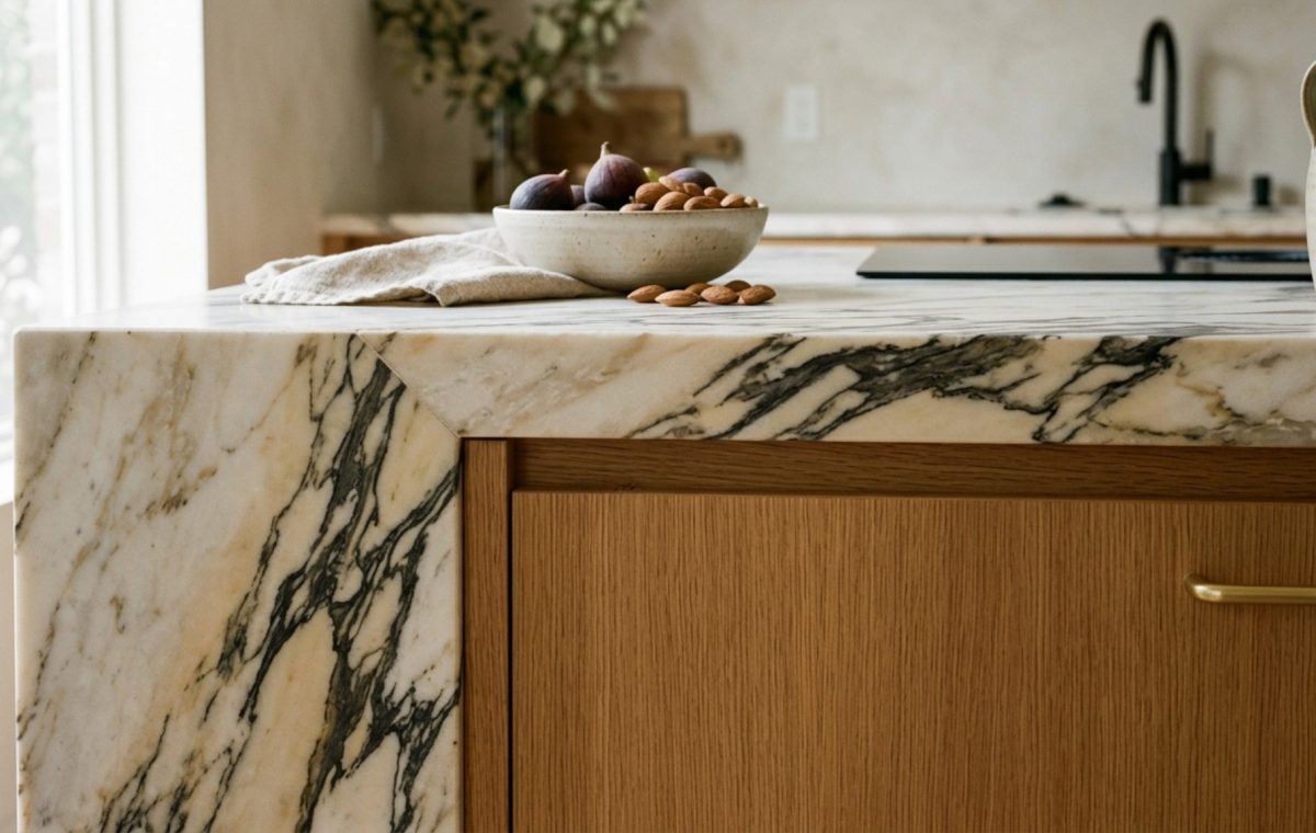 Luxury kitchens 2013 textures featuring a honed Paonazzo marble island edge meeting a warm rift-sawn oak cabinet with integrated finger pulls.