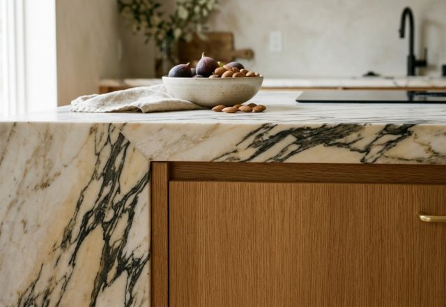 Luxury kitchens 2013 textures featuring a honed Paonazzo marble island edge meeting a warm rift-sawn oak cabinet with integrated finger pulls.