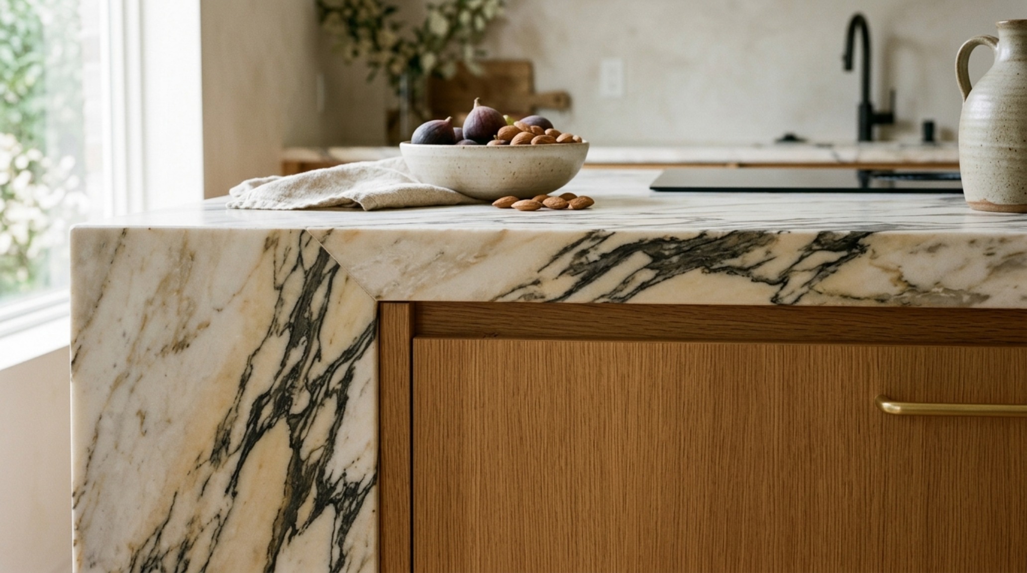 Luxury kitchens 2013 textures featuring a honed Paonazzo marble island edge meeting a warm rift-sawn oak cabinet with integrated finger pulls. Luxury kitchens 2013 textures featuring a honed Paonazzo marble island edge meeting a warm rift-sawn oak cabinet with integrated finger pulls.