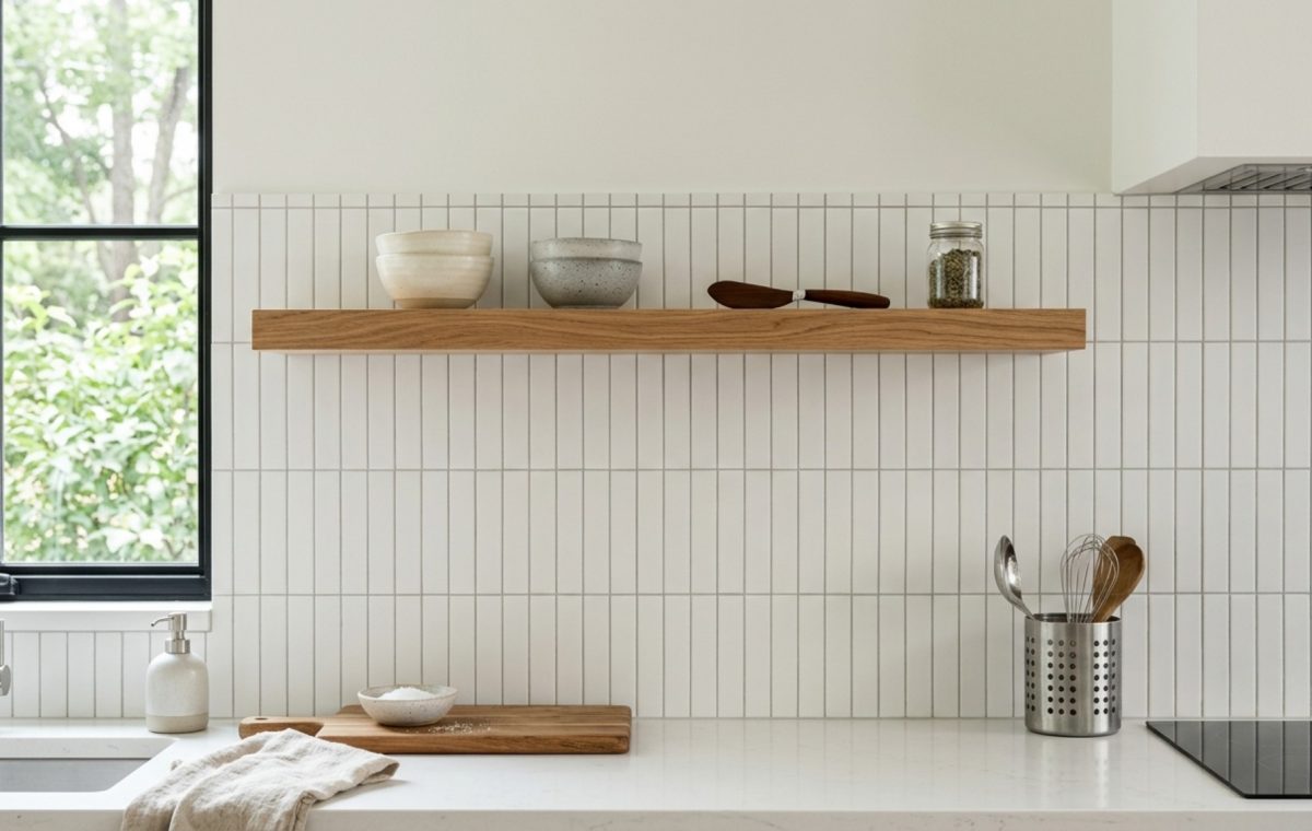 modern kitchen tile options ideas featuring vertically stacked matte white porcelain tiles with tone-on-tone grout and minimalist white oak shelving