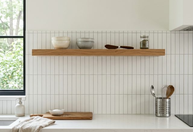 modern kitchen tile options ideas featuring vertically stacked matte white porcelain tiles with tone-on-tone grout and minimalist white oak shelving