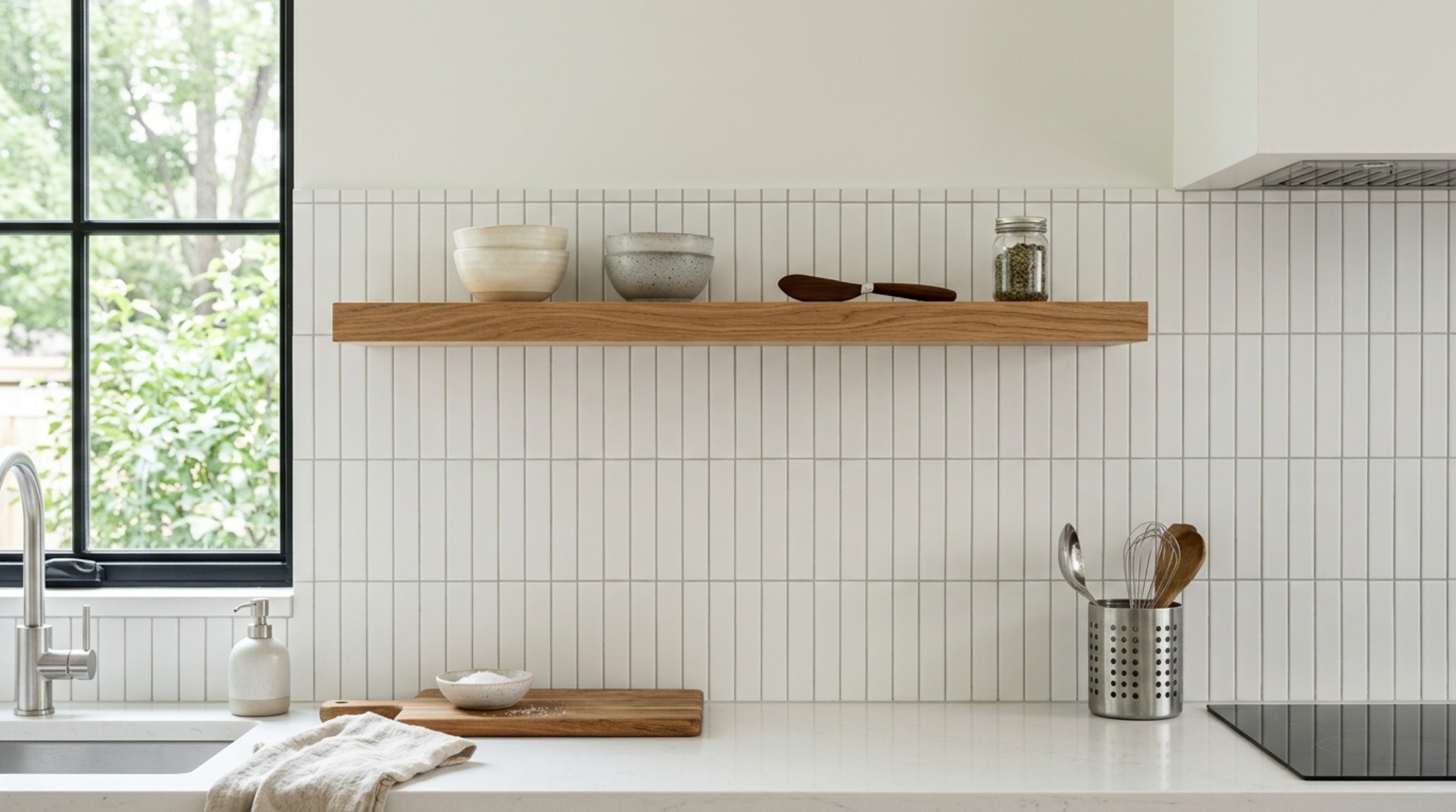 modern kitchen tile options ideas featuring vertically stacked matte white porcelain tiles with tone-on-tone grout and minimalist white oak shelving modern kitchen tile options ideas featuring vertically stacked matte white porcelain tiles with tone-on-tone grout and minimalist white oak shelving