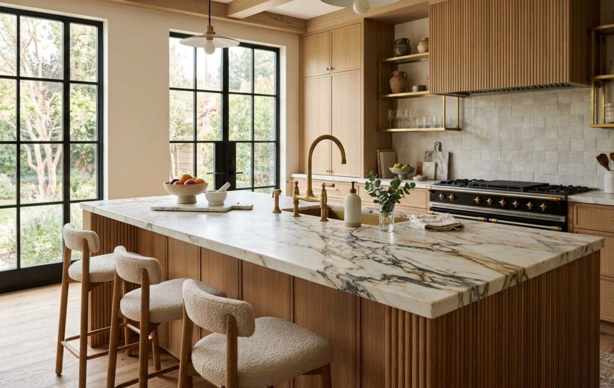 luxury kitchen design trends textures featuring a honed Paonazzo marble island with fluted white oak cabinetry and unlacquered brass hardware in a sun-drenched architectural space