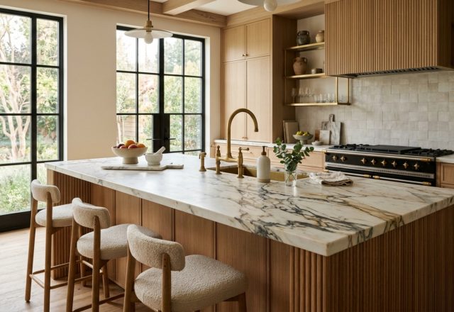 luxury kitchen design trends textures featuring a honed Paonazzo marble island with fluted white oak cabinetry and unlacquered brass hardware in a sun-drenched architectural space