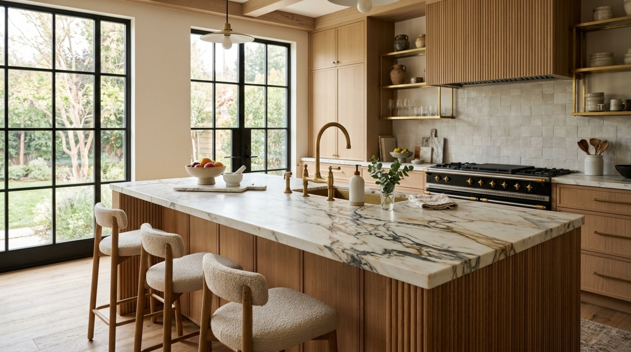luxury kitchen design trends textures featuring a honed Paonazzo marble island with fluted white oak cabinetry and unlacquered brass hardware in a sun-drenched architectural space luxury kitchen design trends textures featuring a honed Paonazzo marble island with fluted white oak cabinetry and unlacquered brass hardware in a sun-drenched architectural space