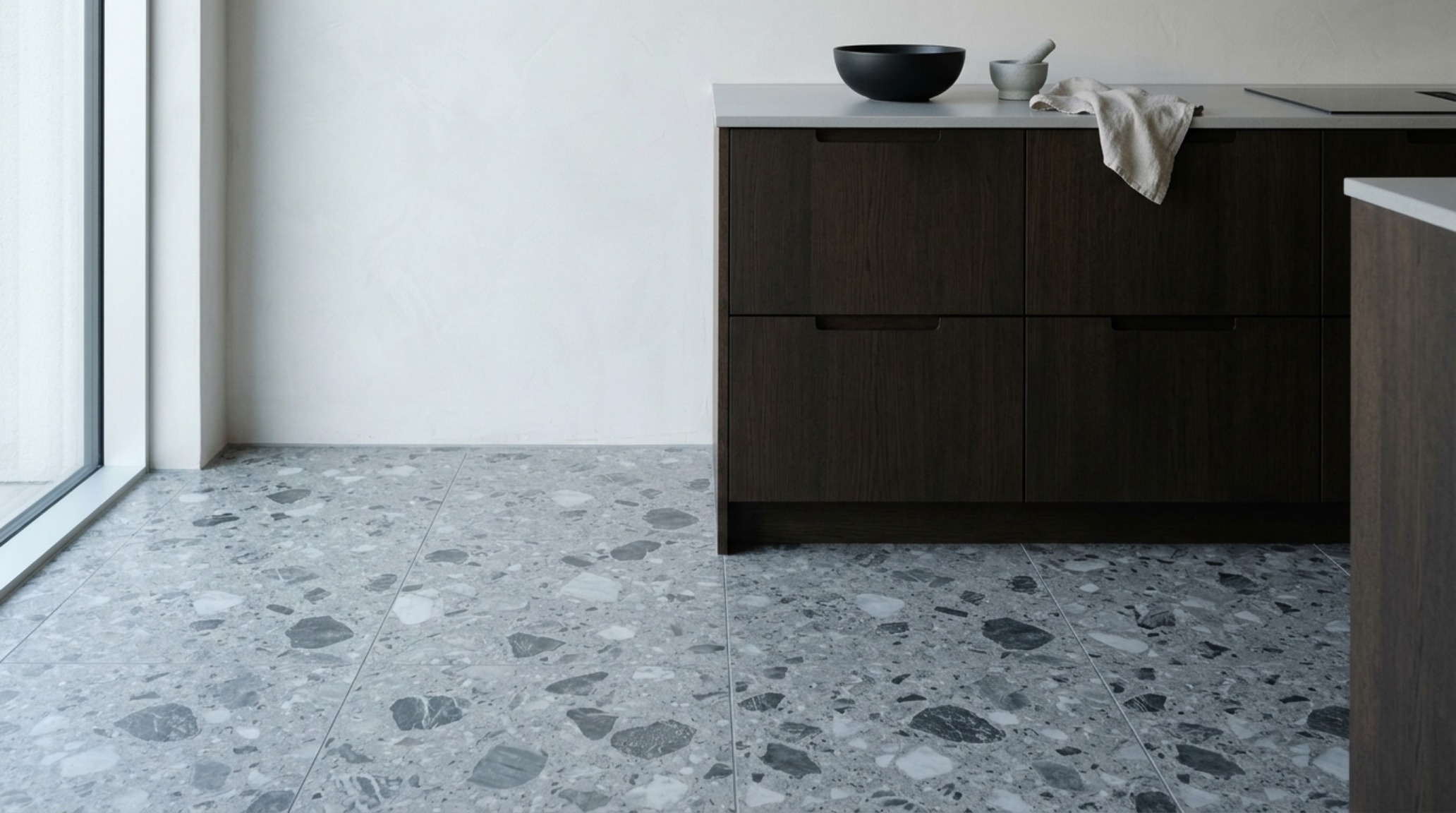 modern kitchen tile options ideas with a minimalist terrazzo tile floor and integrated hidden floor drains for a clean architectural finish modern kitchen tile options ideas with a minimalist terrazzo tile floor and integrated hidden floor drains for a clean architectural finish