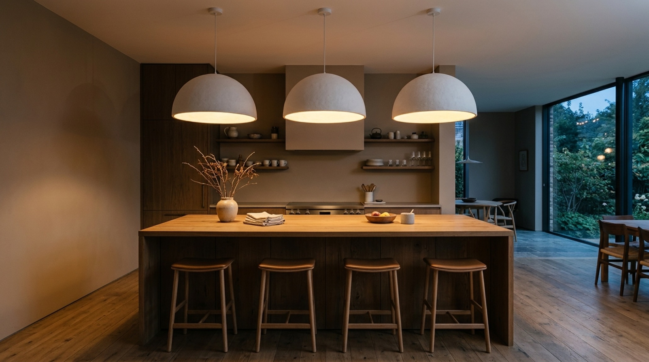 Kitchens 2013 lighting guide demonstrating a 2700K warm ambient glow from oversized plaster pendants over a breakfast bar. Kitchens 2013 lighting guide demonstrating a 2700K warm ambient glow from oversized plaster pendants over a breakfast bar.