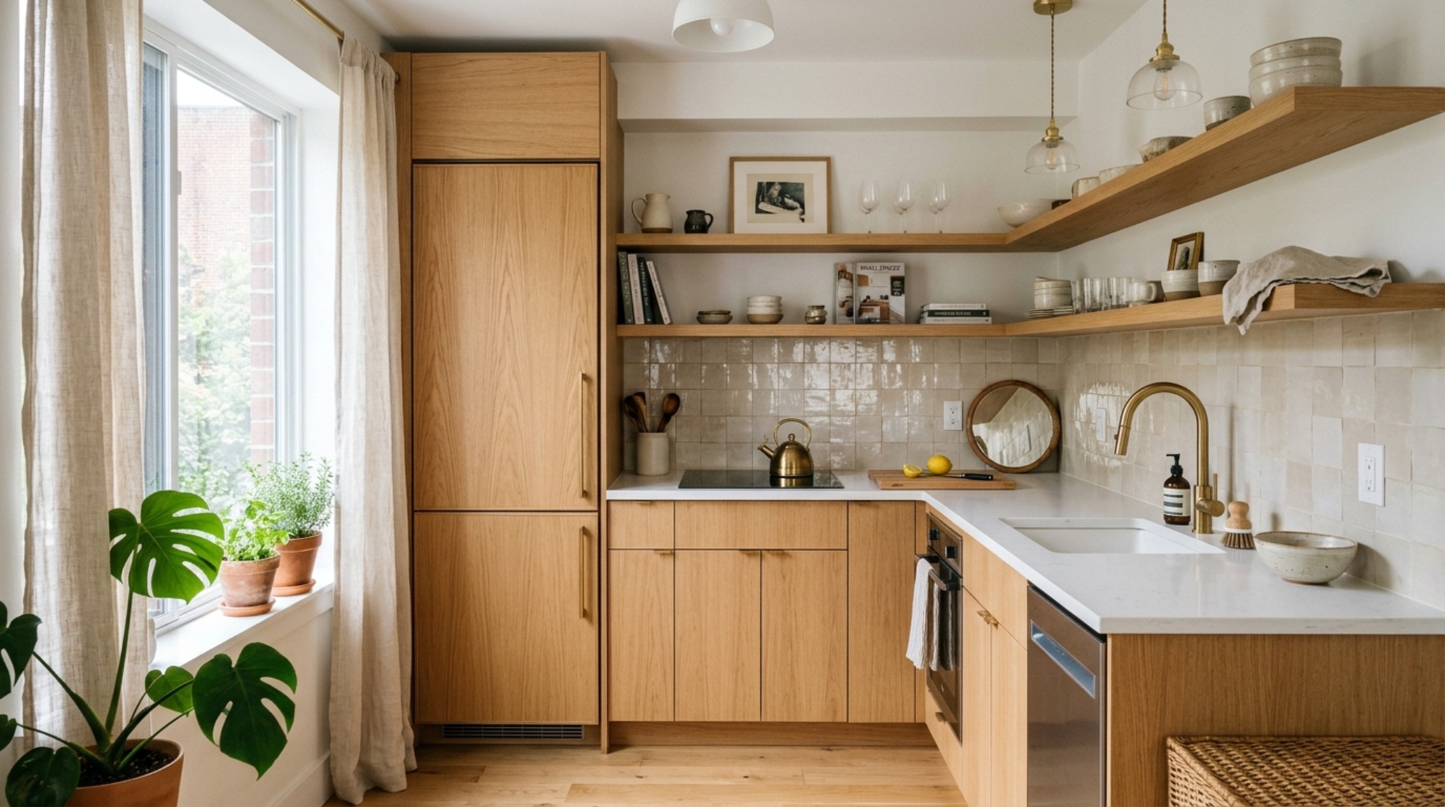 small space kitchen design trends showing integrated panel appliances and open white oak shelving against a hand-glazed Zellige tile backsplash to maximize visual depth small space kitchen design trends showing integrated panel appliances and open white oak shelving against a hand-glazed Zellige tile backsplash to maximize visual depth