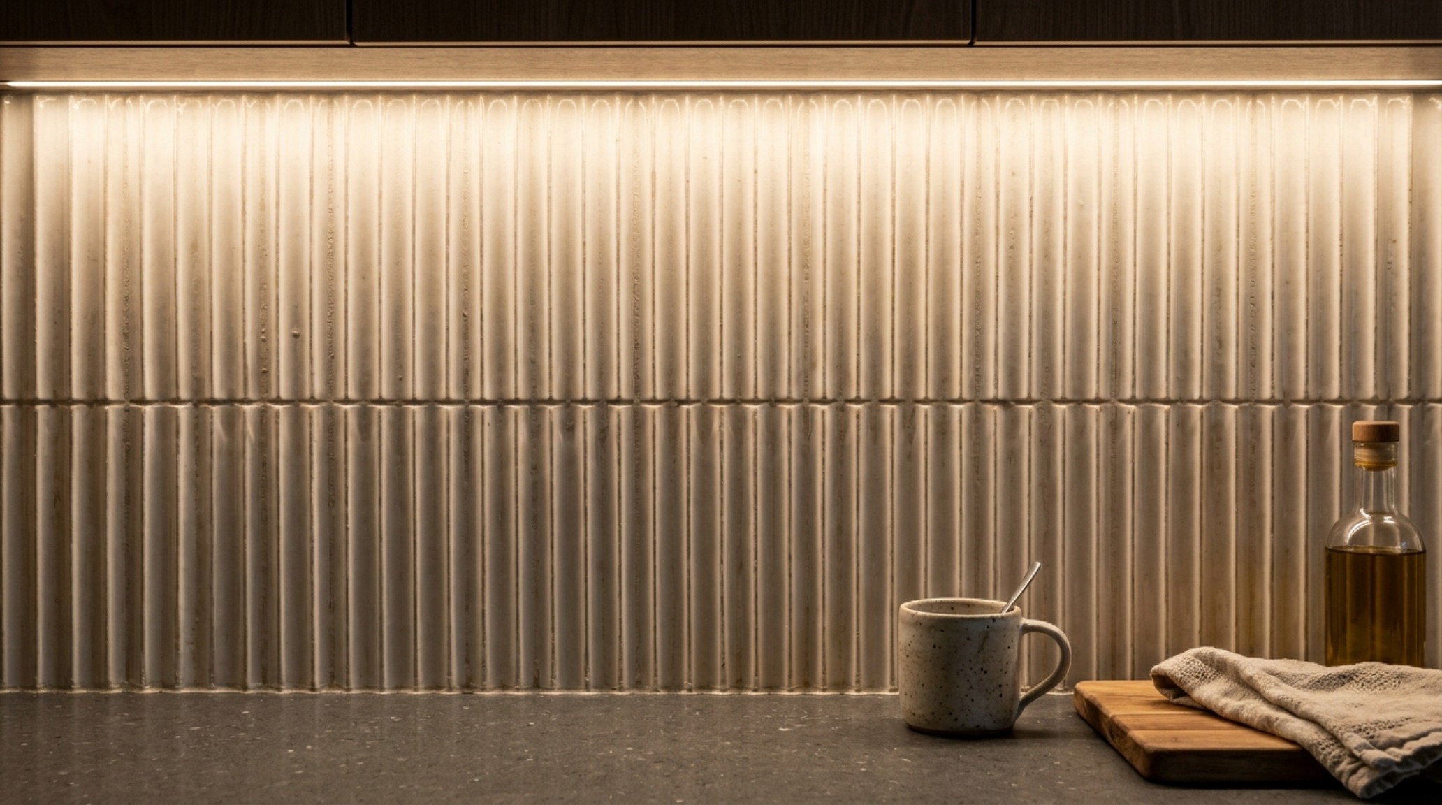 kitchen tile options lighting guide illustrating the effect of 3000K under-cabinet LED strips on a textured fluted ceramic backsplash kitchen tile options lighting guide illustrating the effect of 3000K under-cabinet LED strips on a textured fluted ceramic backsplash