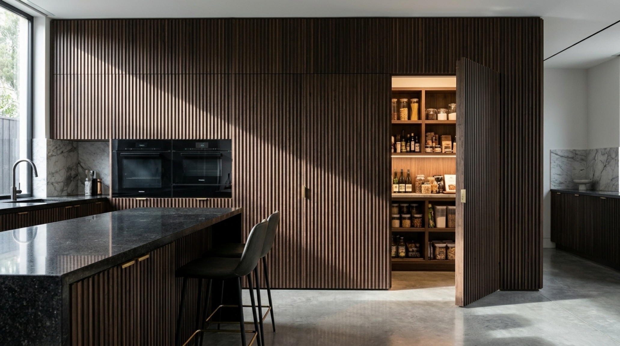 Modern kitchens 2013 ideas illustrating a hidden scullery door integrated into a wall of dark charcoal cabinetry. Modern kitchens 2013 ideas illustrating a hidden scullery door integrated into a wall of dark charcoal cabinetry.