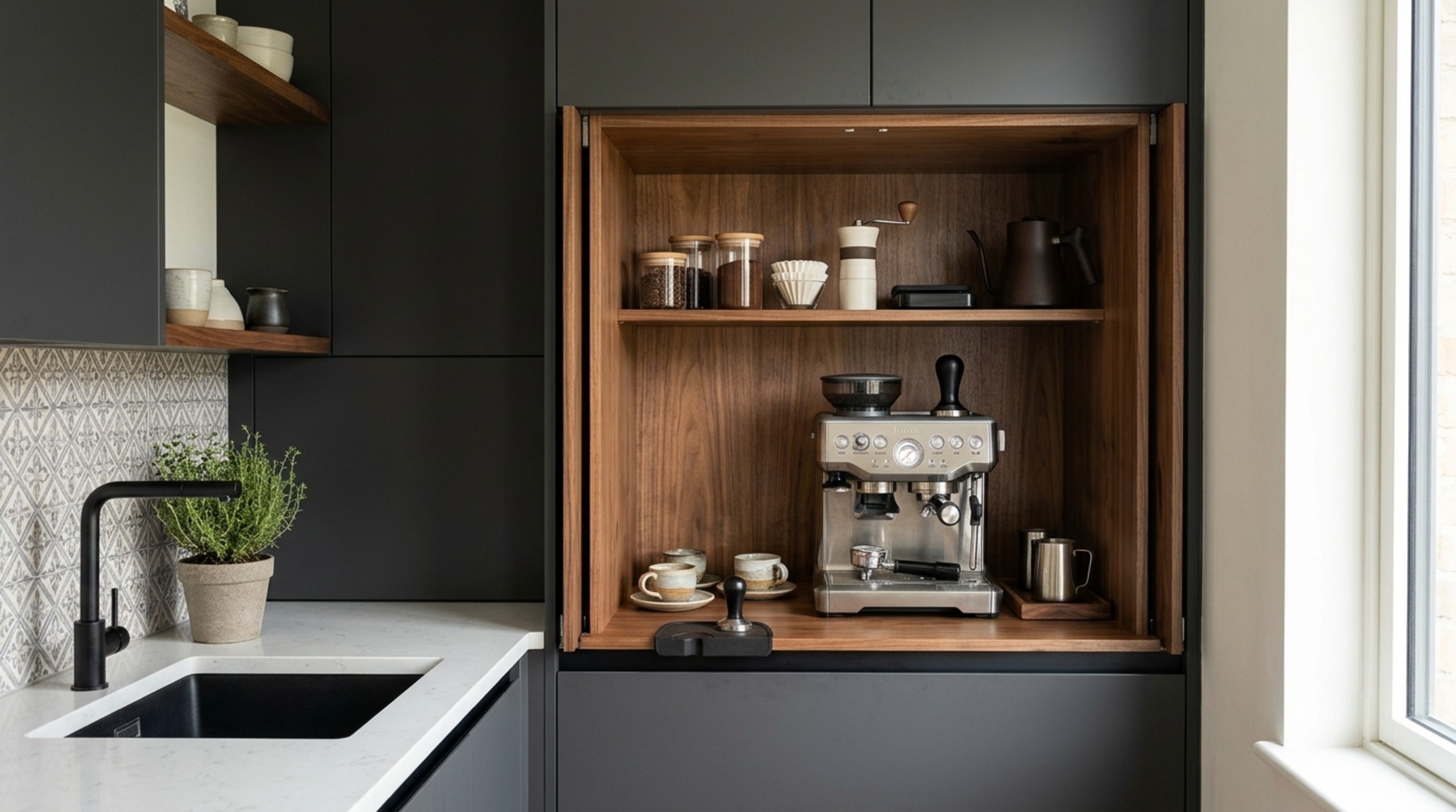 small space kitchen design trends featuring a compact pull-out pantry and hidden appliance garage to maintain clean sightlines in a 120-square-foot layout small space kitchen design trends featuring a compact pull-out pantry and hidden appliance garage to maintain clean sightlines in a 120-square-foot layout