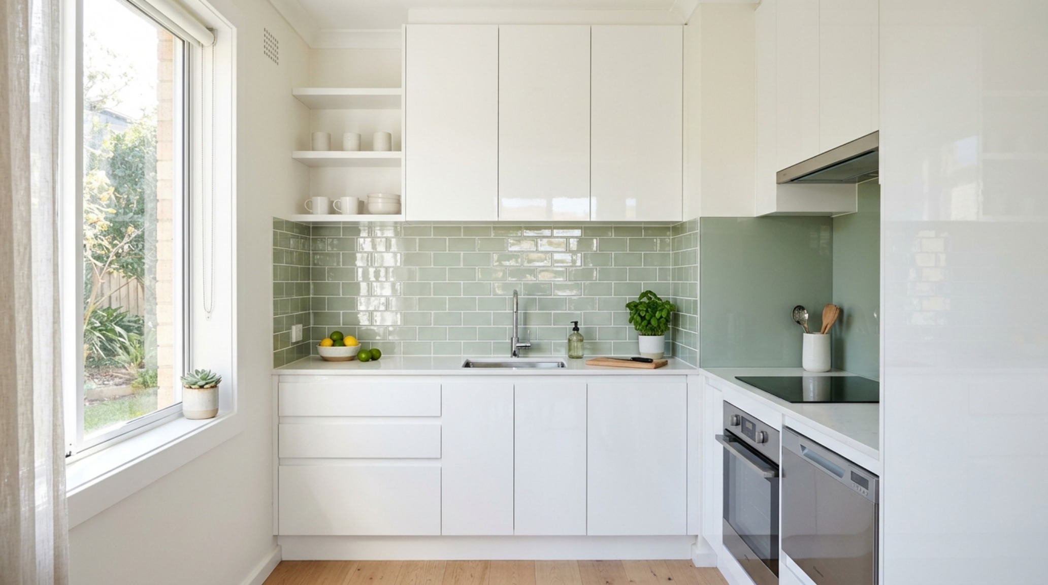 small space kitchen tile options showcasing reflective glass subway tiles in a light sage green to maximize light bounce in a compact layout small space kitchen tile options showcasing reflective glass subway tiles in a light sage green to maximize light bounce in a compact layout