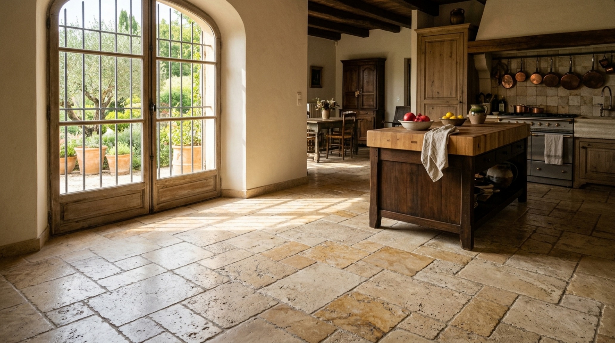 luxury kitchen tile options textures featuring tumbled travertine floor tiles in a French pattern with soft natural light from a nearby window luxury kitchen tile options textures featuring tumbled travertine floor tiles in a French pattern with soft natural light from a nearby window