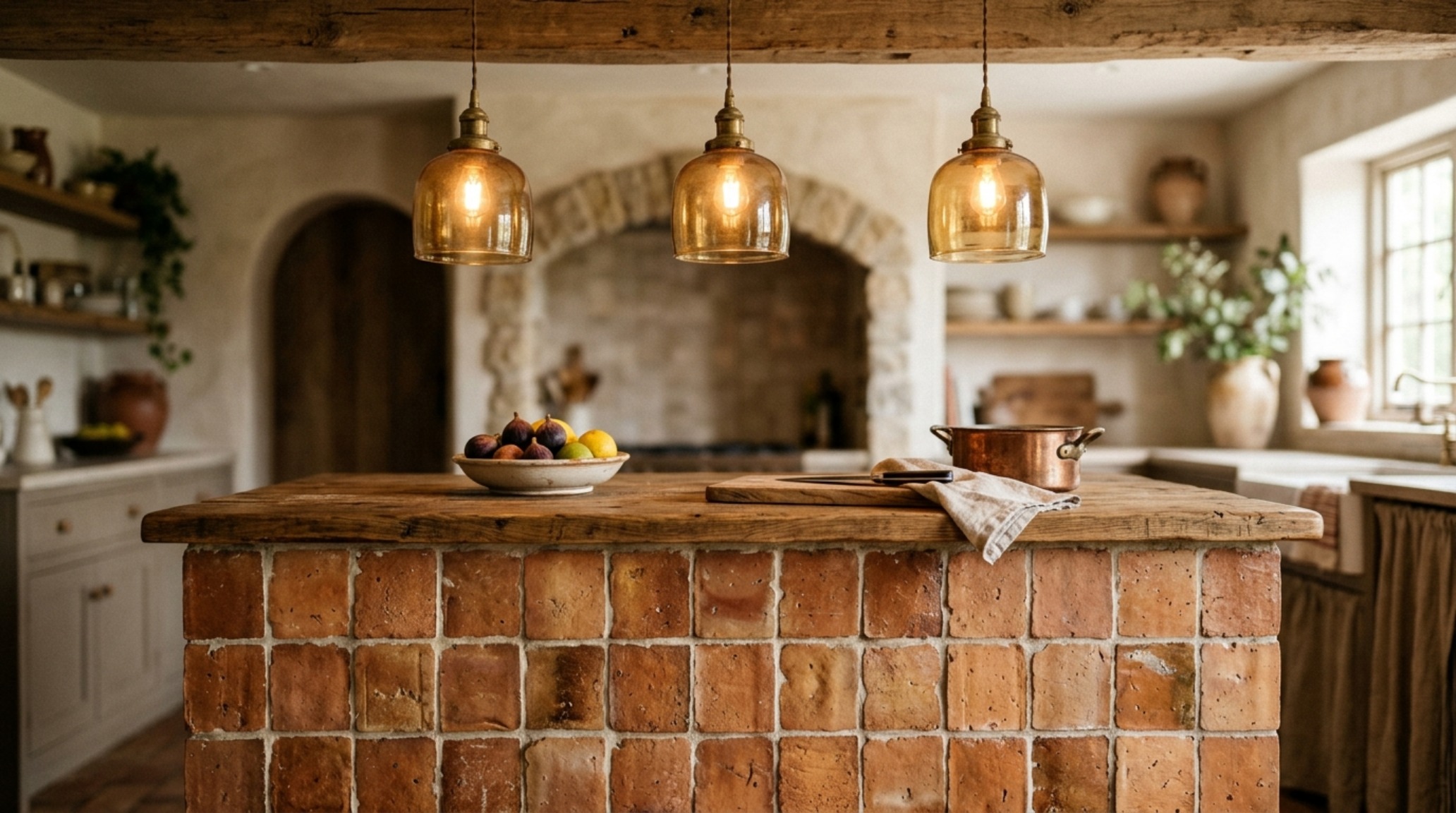 kitchen tile options lighting guide showing the warm glow of 2700K pendant lights over a textured terracotta tile island front kitchen tile options lighting guide showing the warm glow of 2700K pendant lights over a textured terracotta tile island front