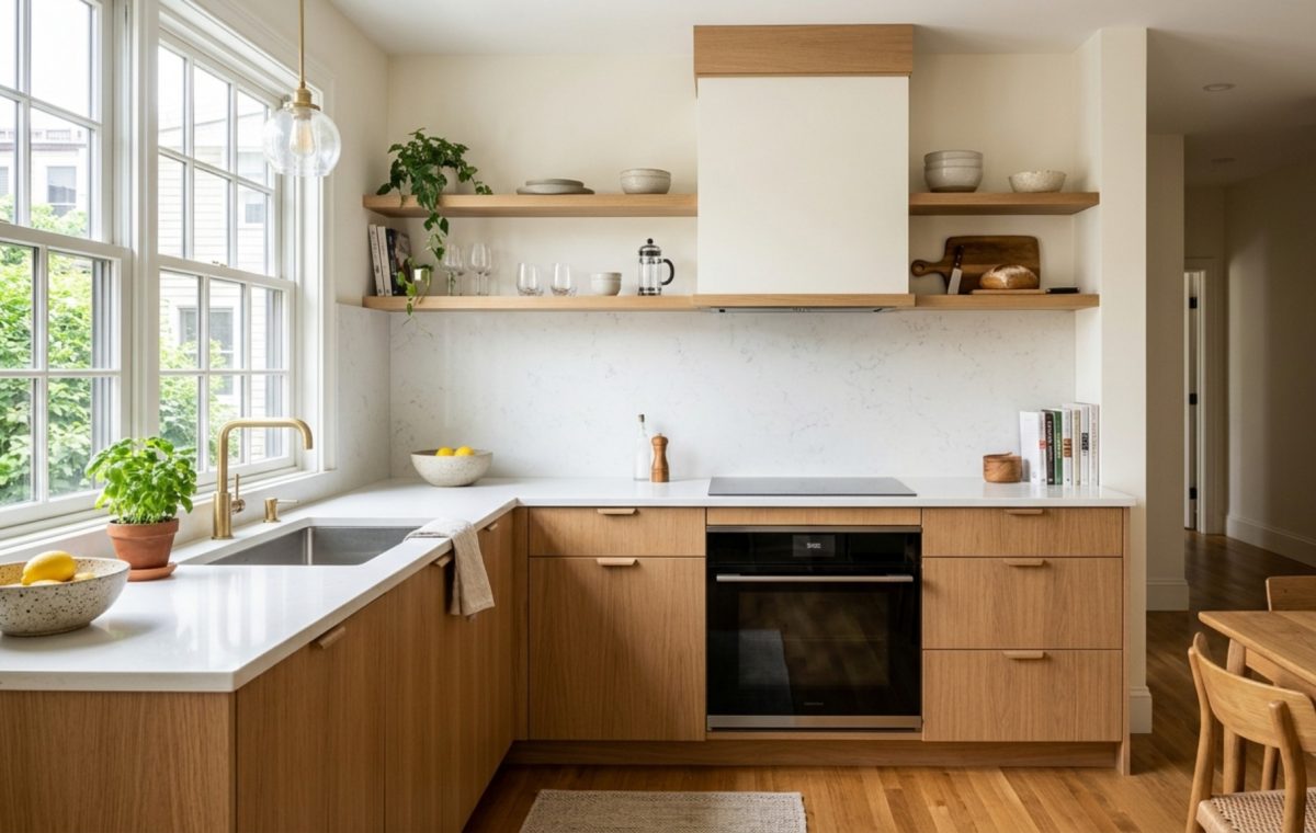 small space l shaped kitchen floor plans featuring light-reflective Benjamin Moore Swiss Coffee walls and integrated oak shelving to maximize airiness.