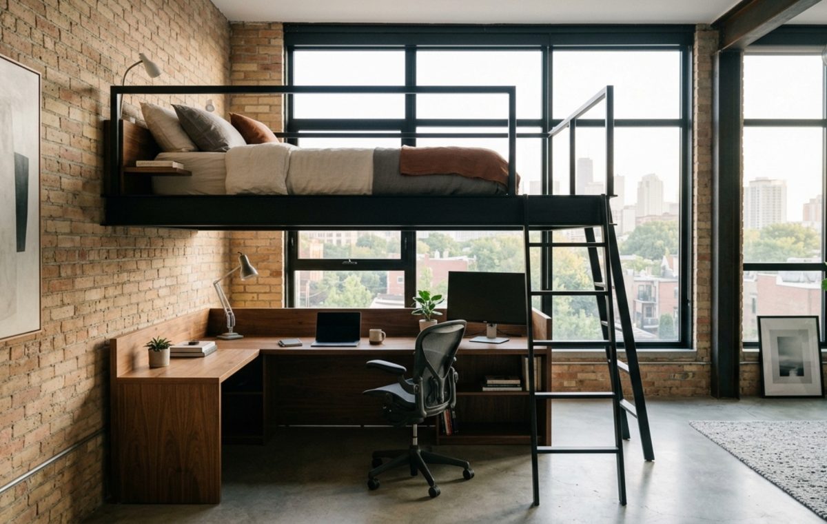 modern loft bed ideas ideas featuring a cantilevered steel frame and walnut desk in a minimalist sun-drenched studio