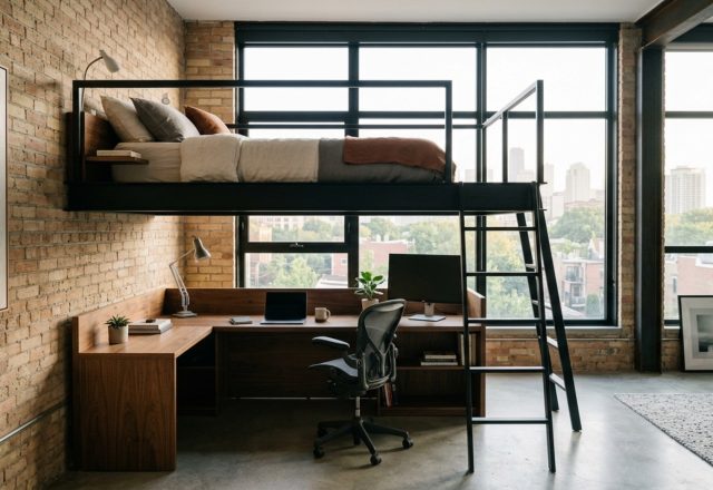 modern loft bed ideas ideas featuring a cantilevered steel frame and walnut desk in a minimalist sun-drenched studio