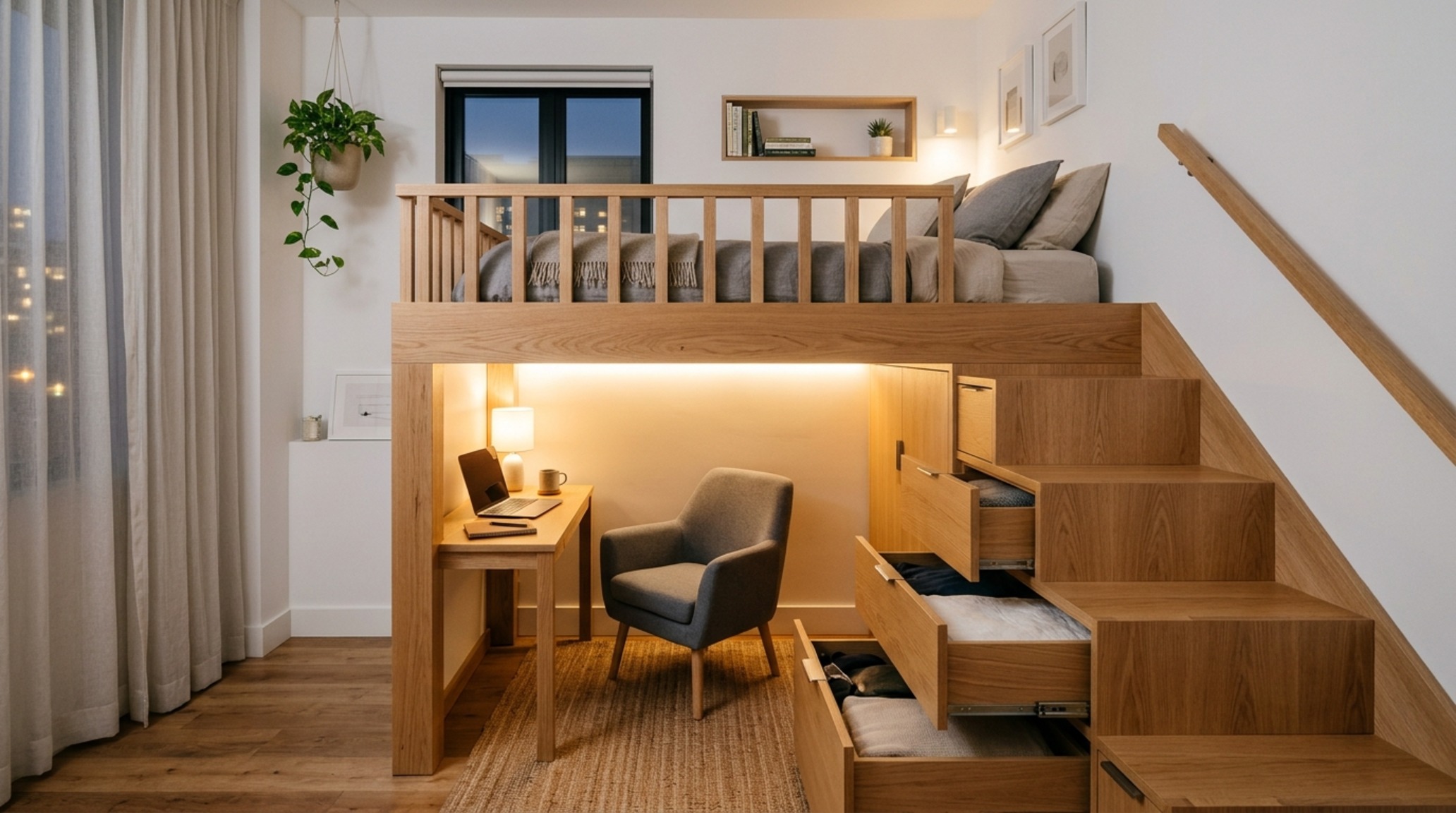 small space loft bed ideas with integrated staircase storage and a white oak finish to maximize floor area