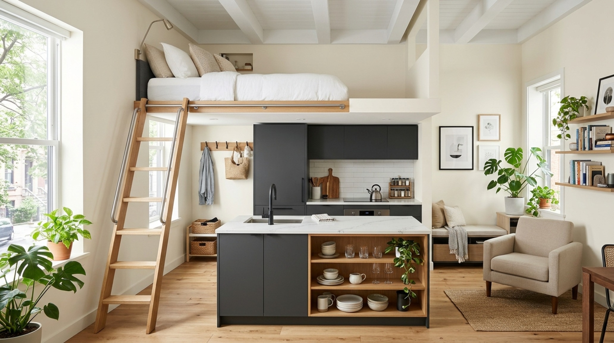 small space loft bed ideas designed with a built-in wardrobe and a neutral Farrow & Ball paint palette