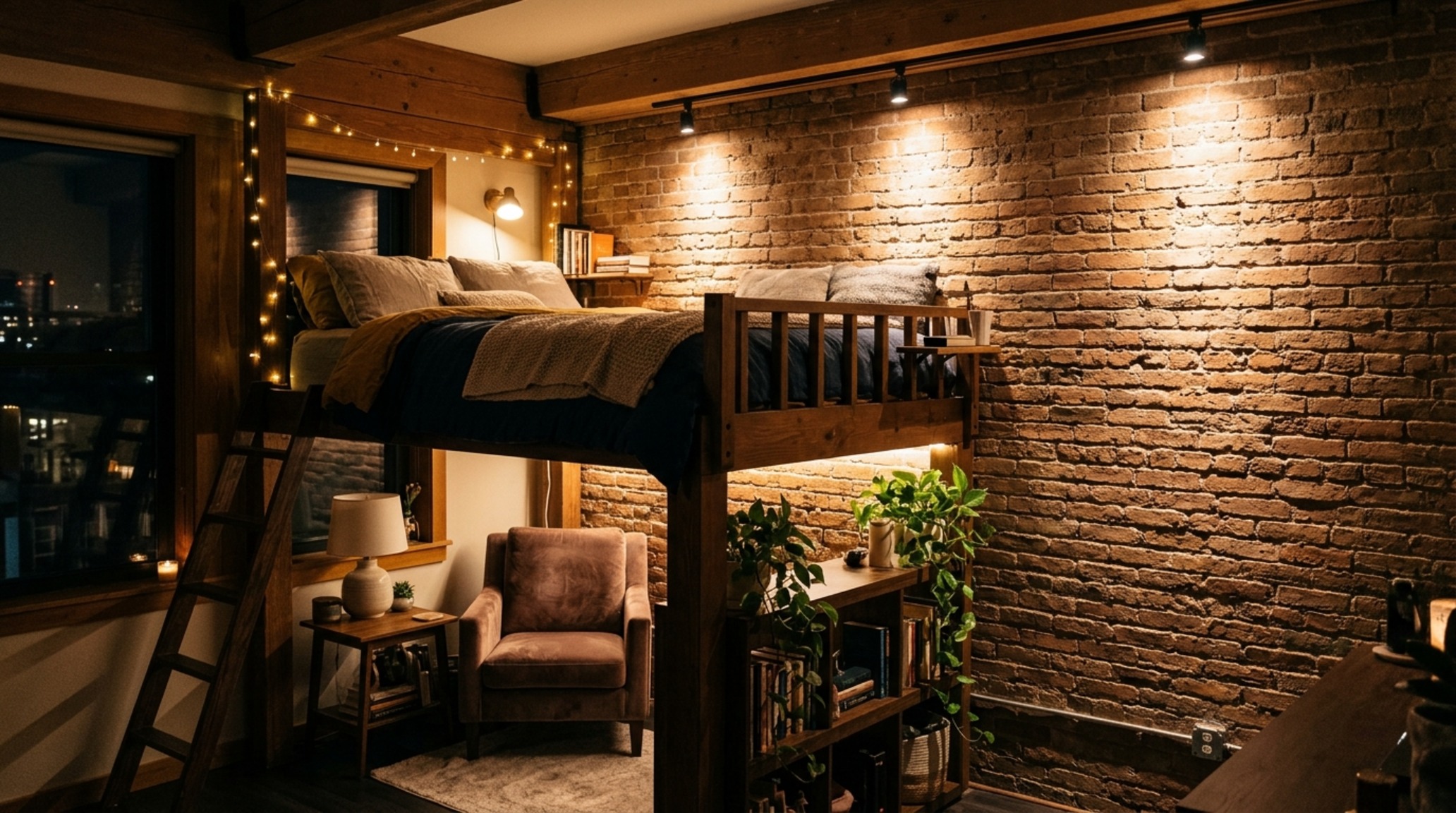 loft bed ideas lighting guide showing a high CRI 90+ task lamp on a custom integrated floating nightstand