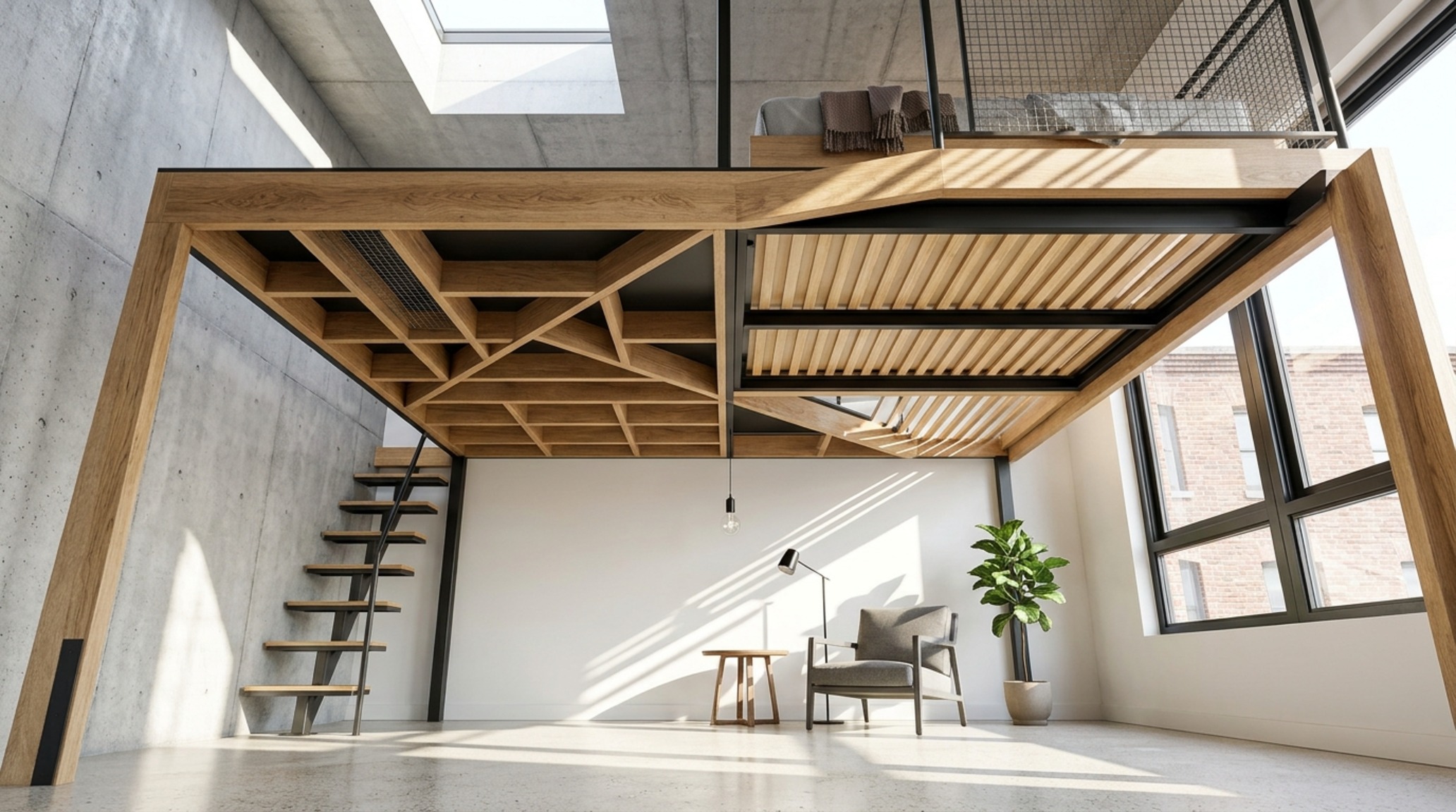 modern loft bed ideas ideas emphasizing geometric silhouettes and negative space in a contemporary industrial apartment