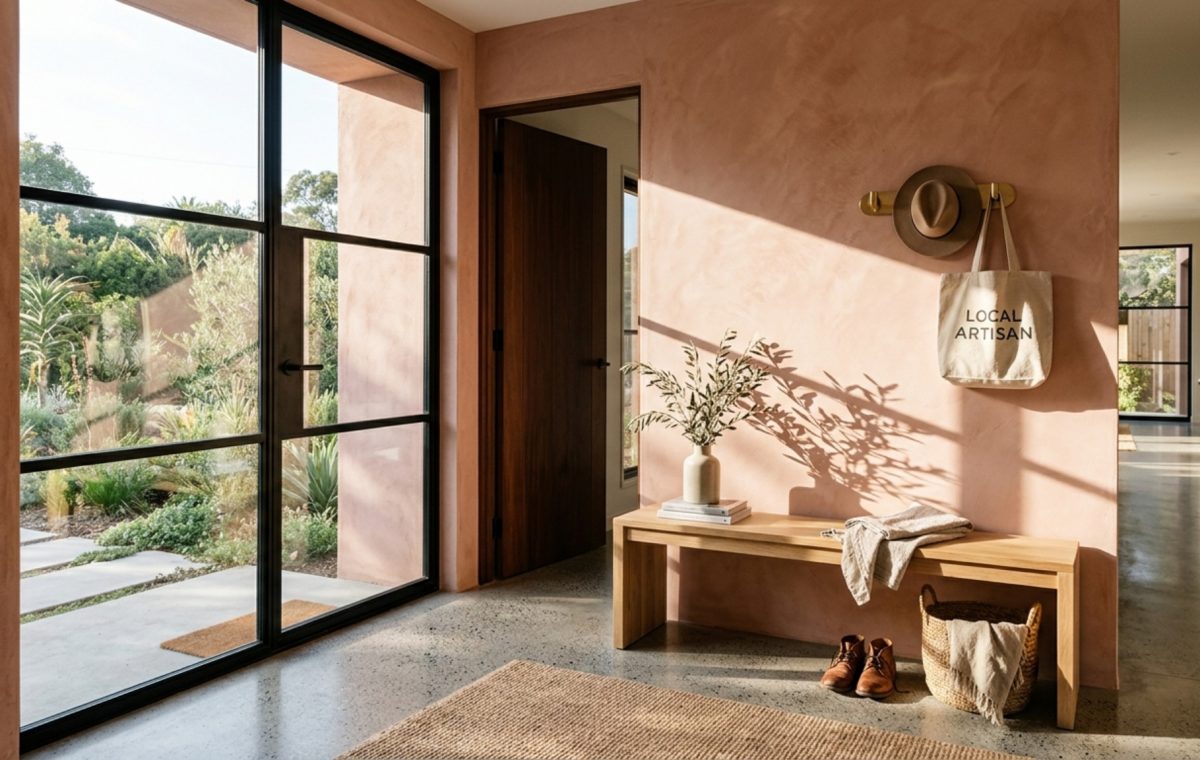 An entryway in a luxury prefab home featuring limewash walls in Farrow & Ball Setting Plaster and a minimalist oak console.