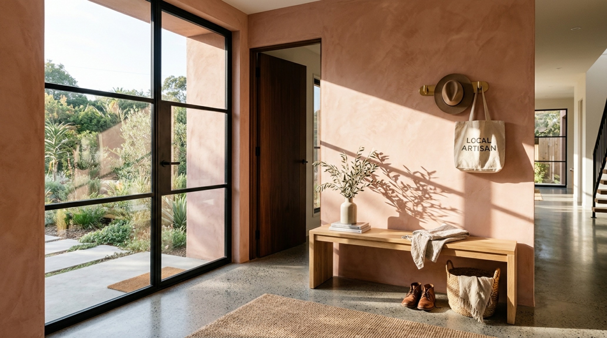 An entryway in a luxury prefab home featuring limewash walls in Farrow & Ball Setting Plaster and a minimalist oak console. An entryway in a luxury prefab home featuring limewash walls in Farrow & Ball Setting Plaster and a minimalist oak console.
