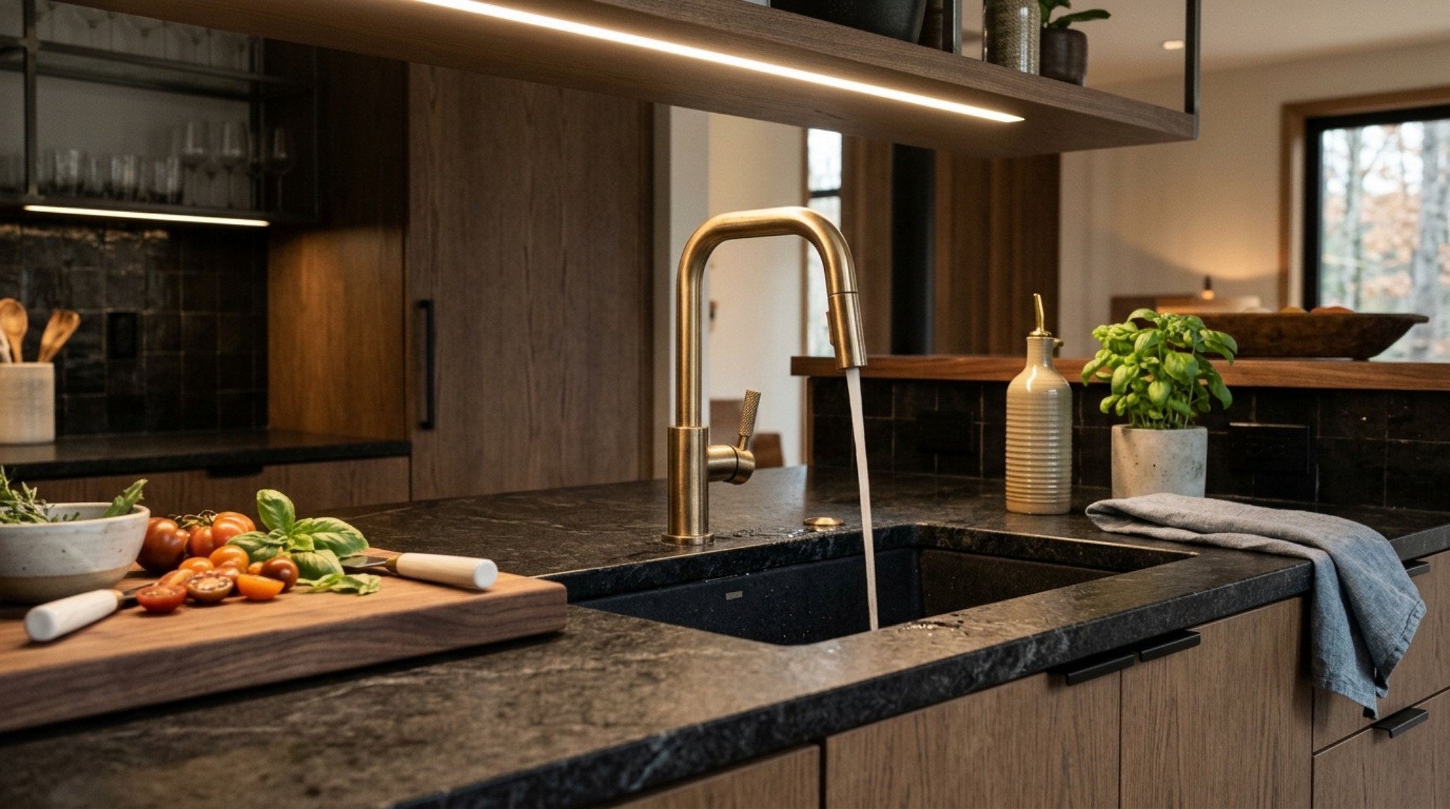 Close-up of a kitchen island in silver travertine highlighting the leathered finish and tactile grain. Close-up of a kitchen island in silver travertine highlighting the leathered finish and tactile grain.