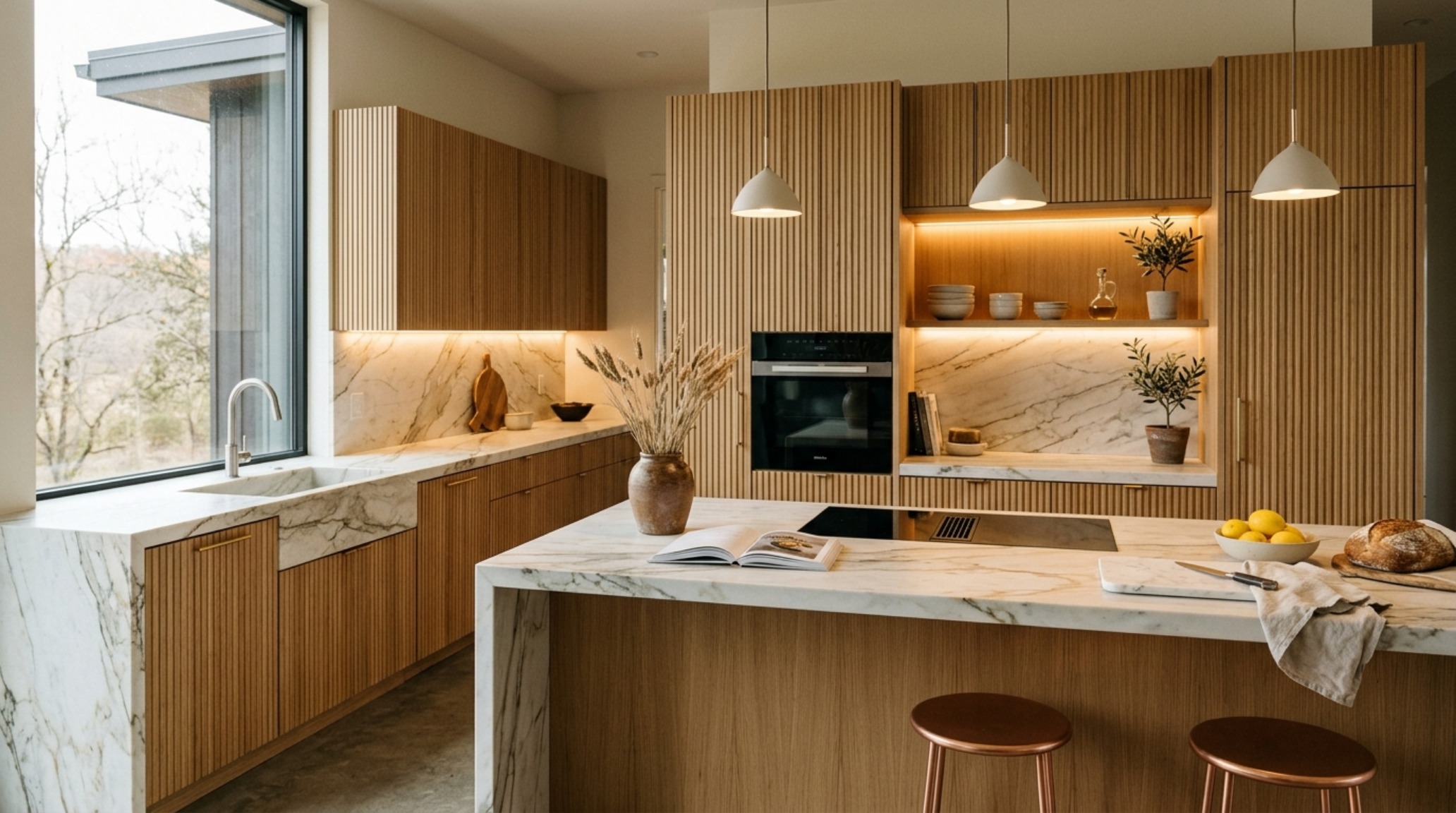 Modern luxury prefab homes kitchen with 3000K task lighting, fluted oak cabinetry, and integrated high-CRI LEDs. Modern luxury prefab homes kitchen with 3000K task lighting, fluted oak cabinetry, and integrated high-CRI LEDs.