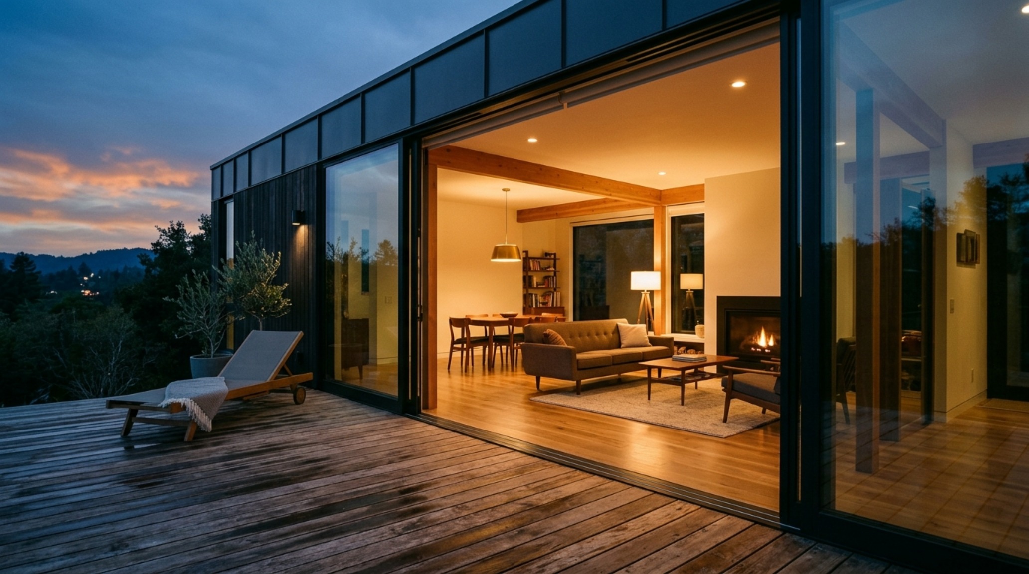 Seamless indoor-outdoor transition in a luxury prefab home with flush floor tracks and floor-to-ceiling glass walls. Seamless indoor-outdoor transition in a luxury prefab home with flush floor tracks and floor-to-ceiling glass walls.