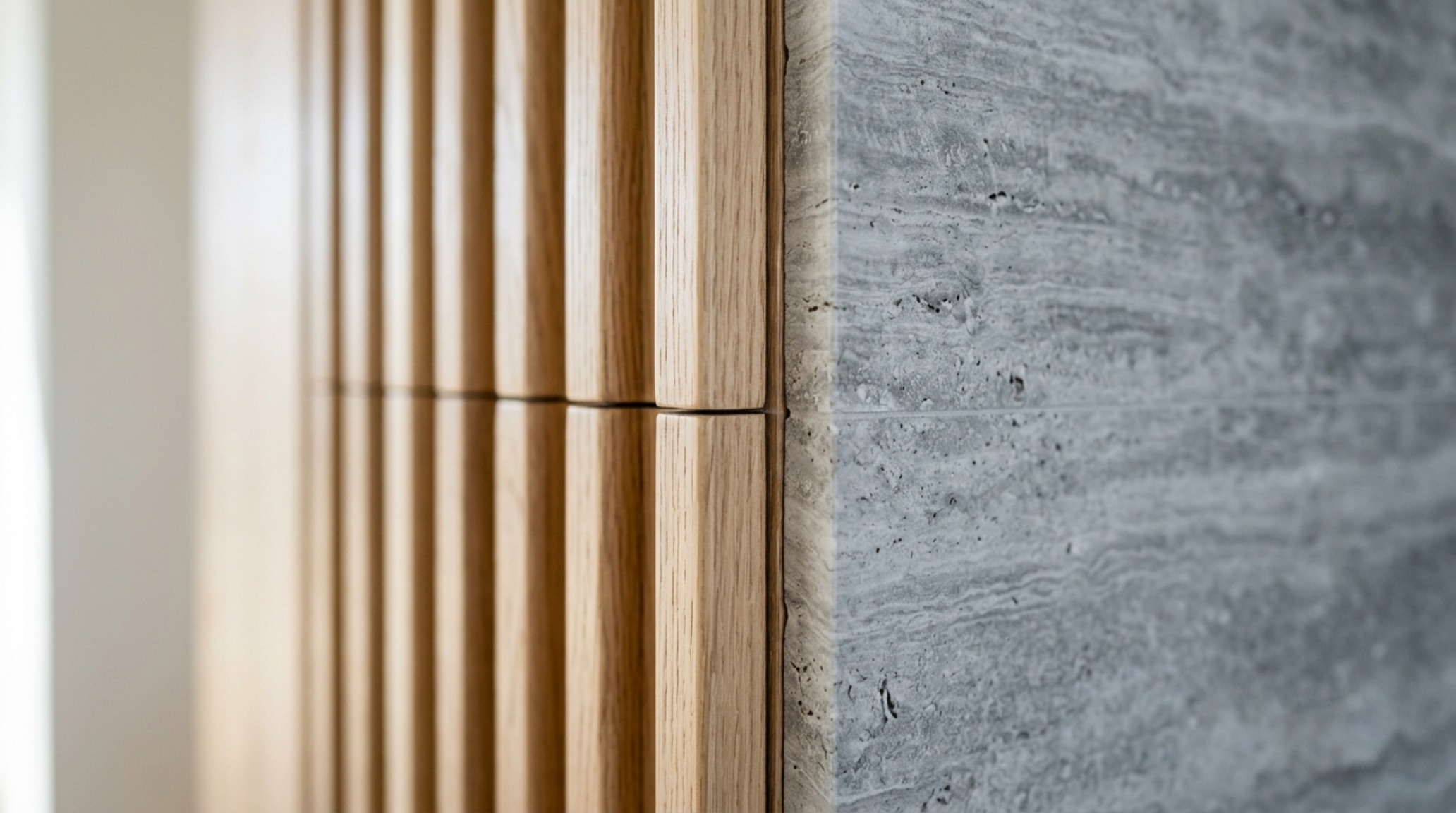 Detailed shot of fluted white oak panels and honed stone textures typical of luxury prefab homes materiality. Detailed shot of fluted white oak panels and honed stone textures typical of luxury prefab homes materiality.